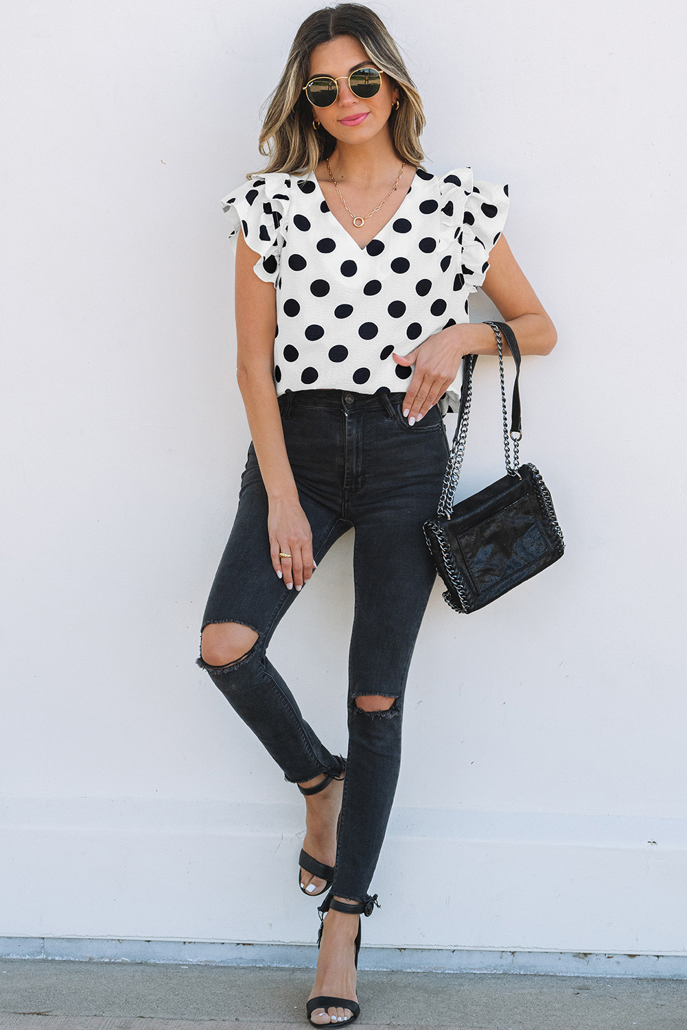 Black Polka Dot Print Ruffled Sleeve V Neck Blouse