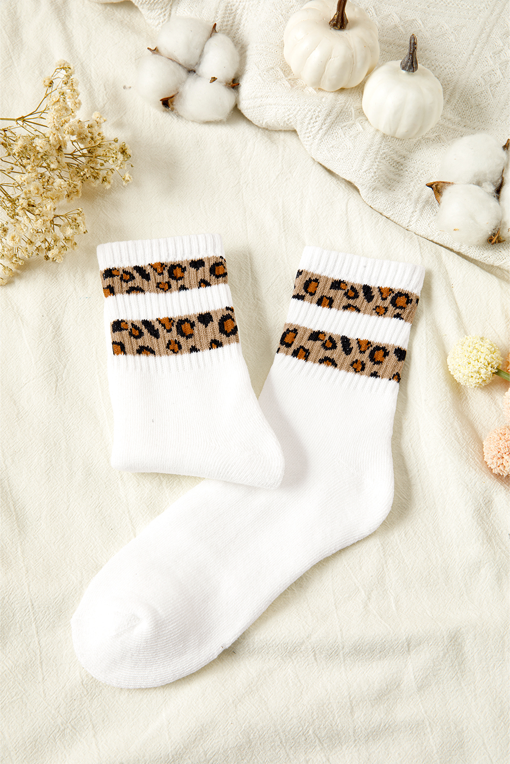 White Leopard Striped Detail Ribbed Cuffs Womens Socks