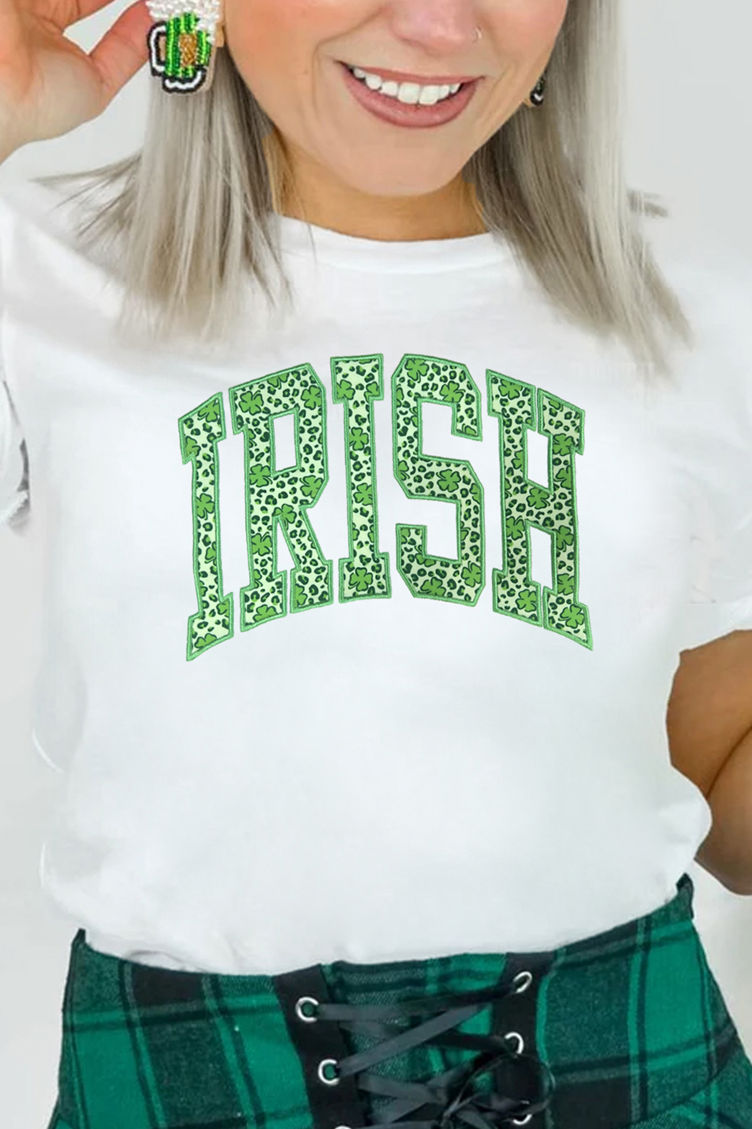 White IRISH Leopard Clover Embroidered Patch Graphic Tee