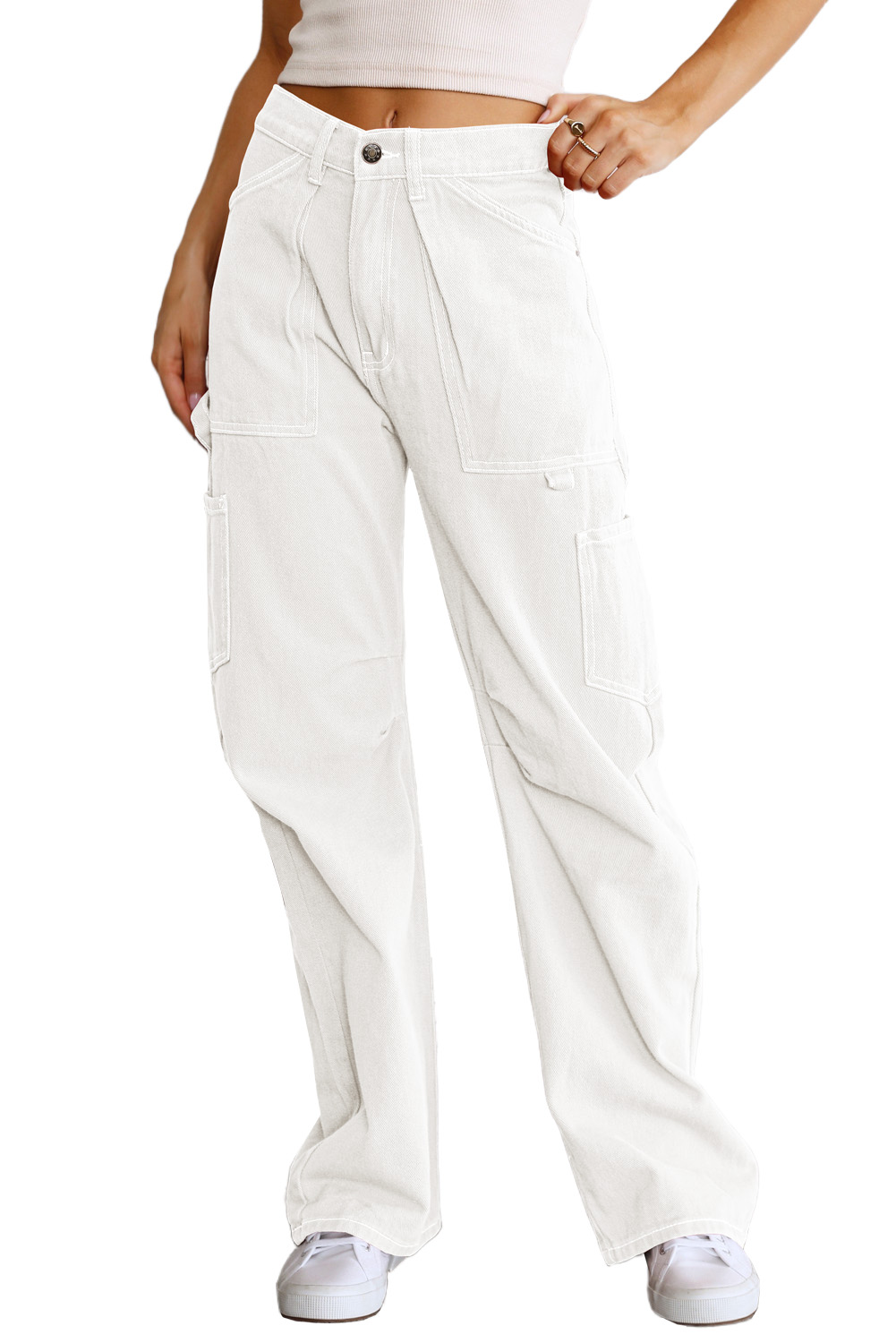 White High Waist Straight Leg Cargo Pants with Pockets