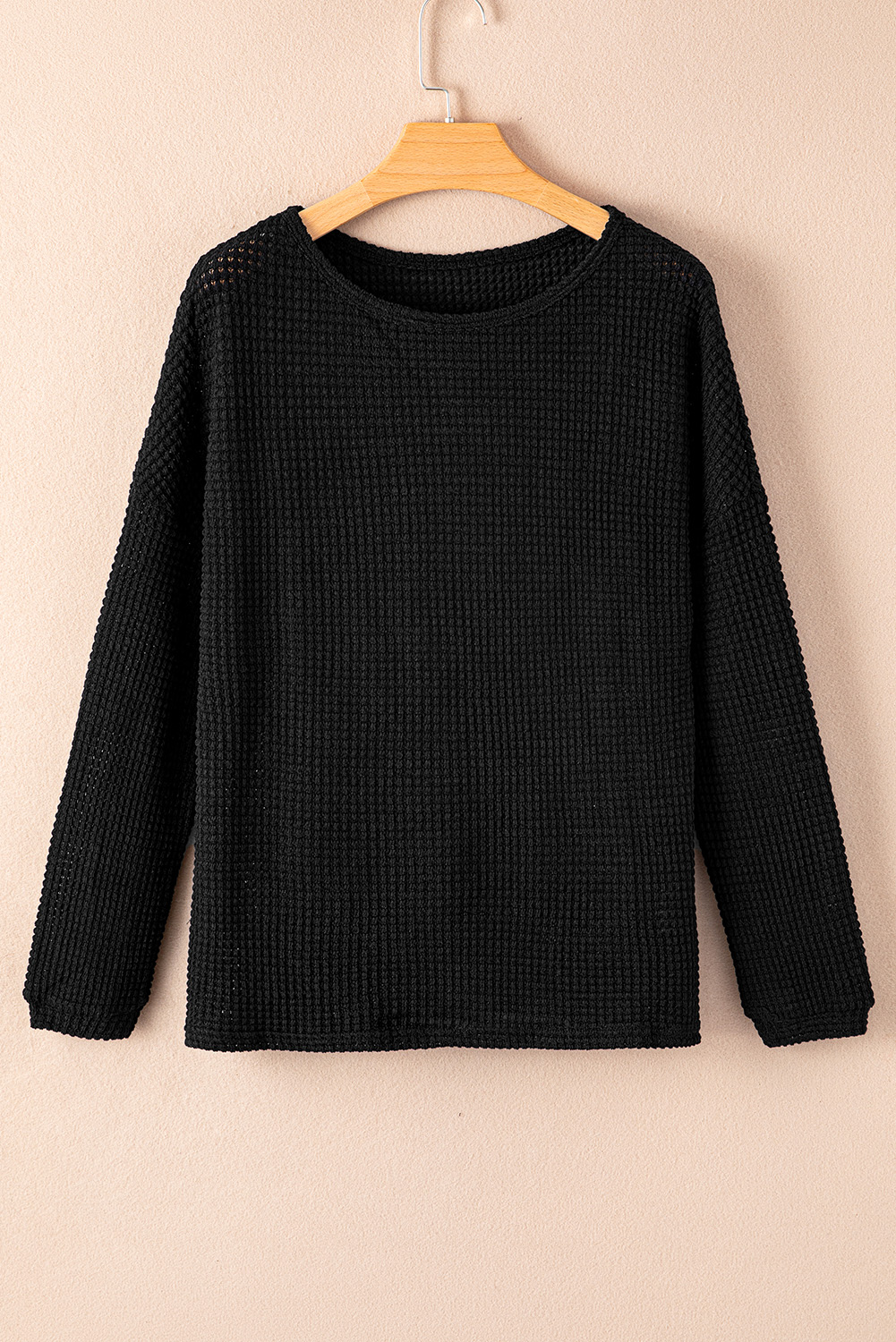 Green Waffle Knit Drop Shoulder Long Sleeve Top