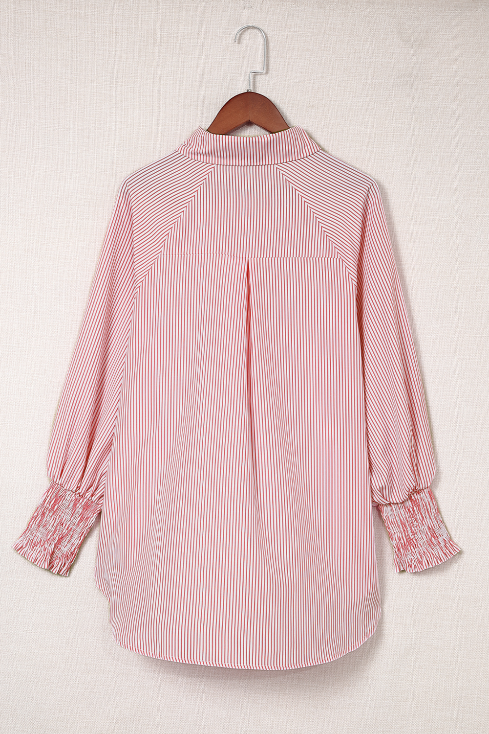 Red Stripe Smocked Cuffed Striped Boyfriend Shirt with Pocket