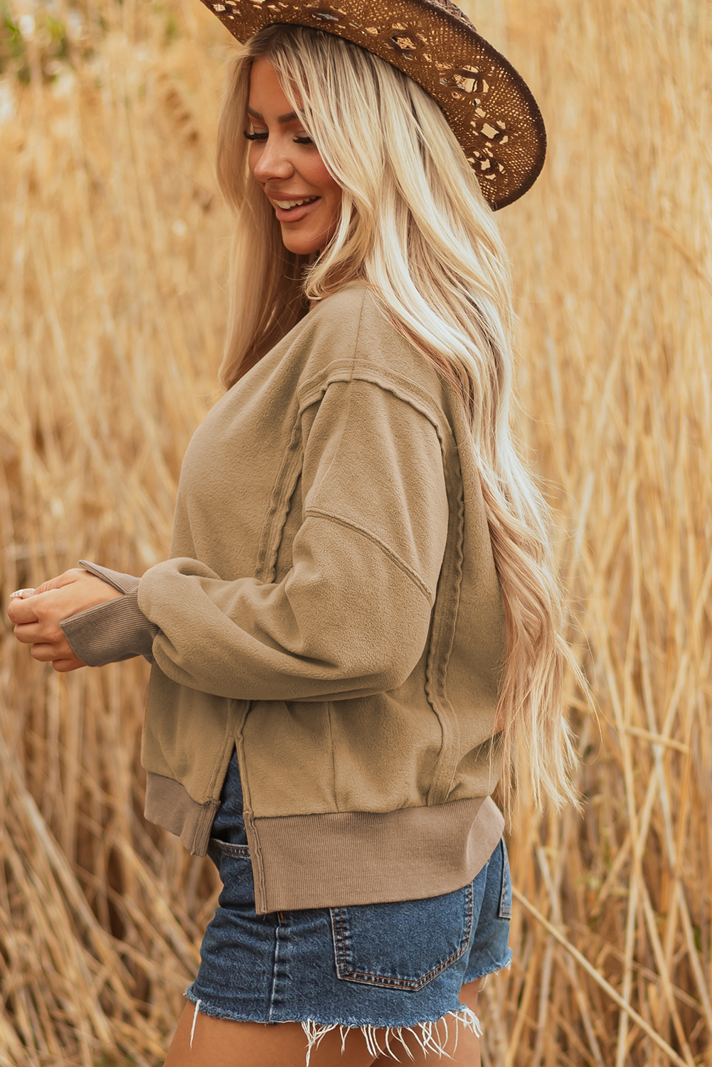 Dark Khaki Fuzzy Sherpa Splicing Pullover Sweatshirt with Side Slit