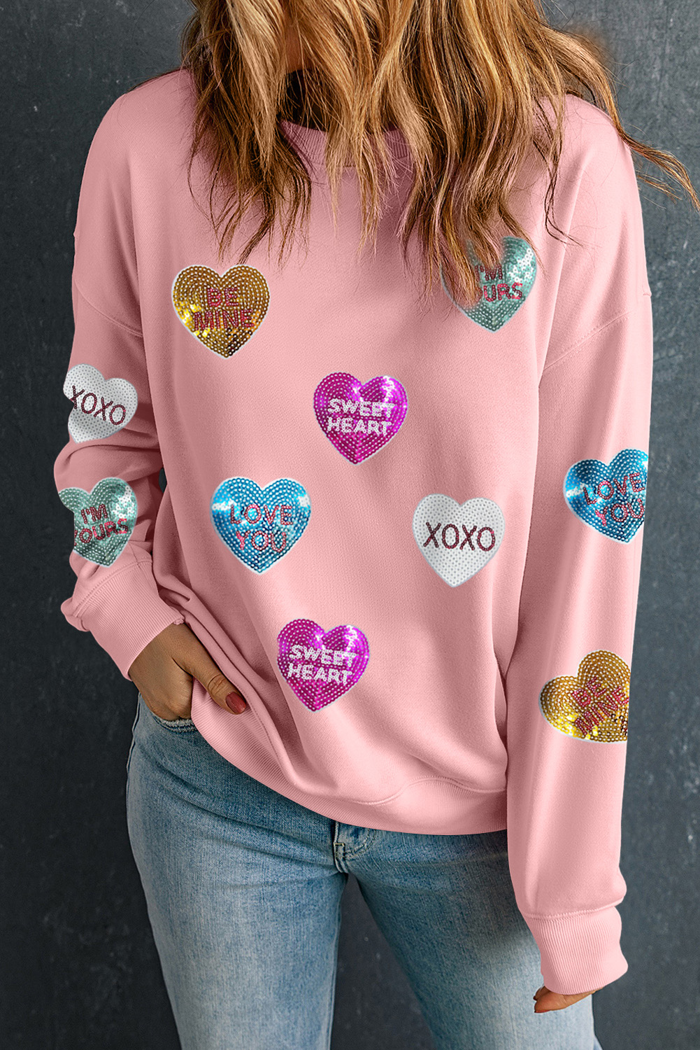 Pink Sequin Valentines Lettering Heart Patched Crewneck T Shirt