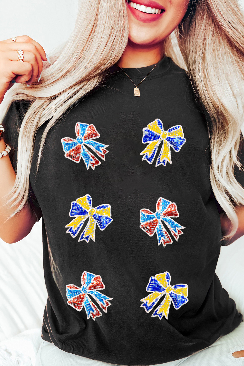 Black Cheerful Sequin Bow Patched Game Day T Shirt