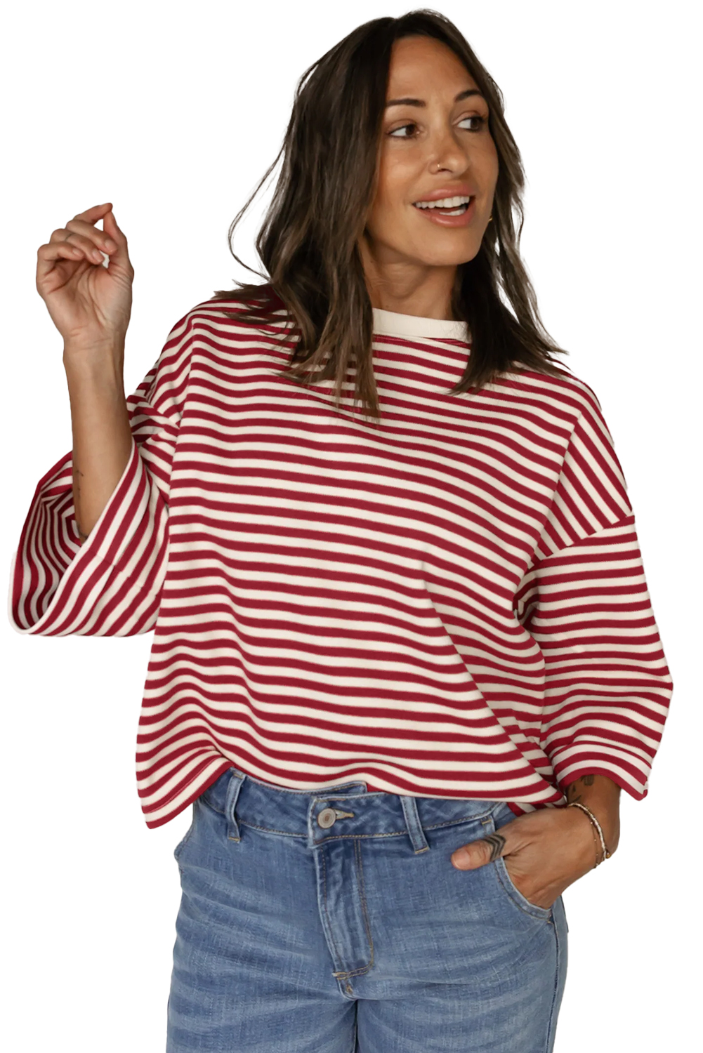 Red Stripe Bowknot Cutout Back Drop Shoulder Wide Bracelet Sleeve Loose Tee