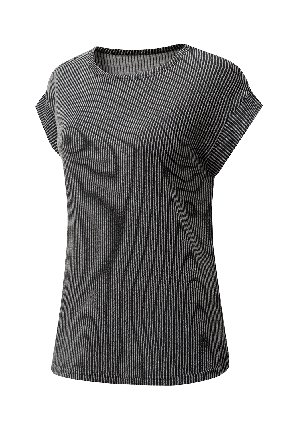 Gray Twisted Rib Wide Sleeve Crew Neck T Shirt