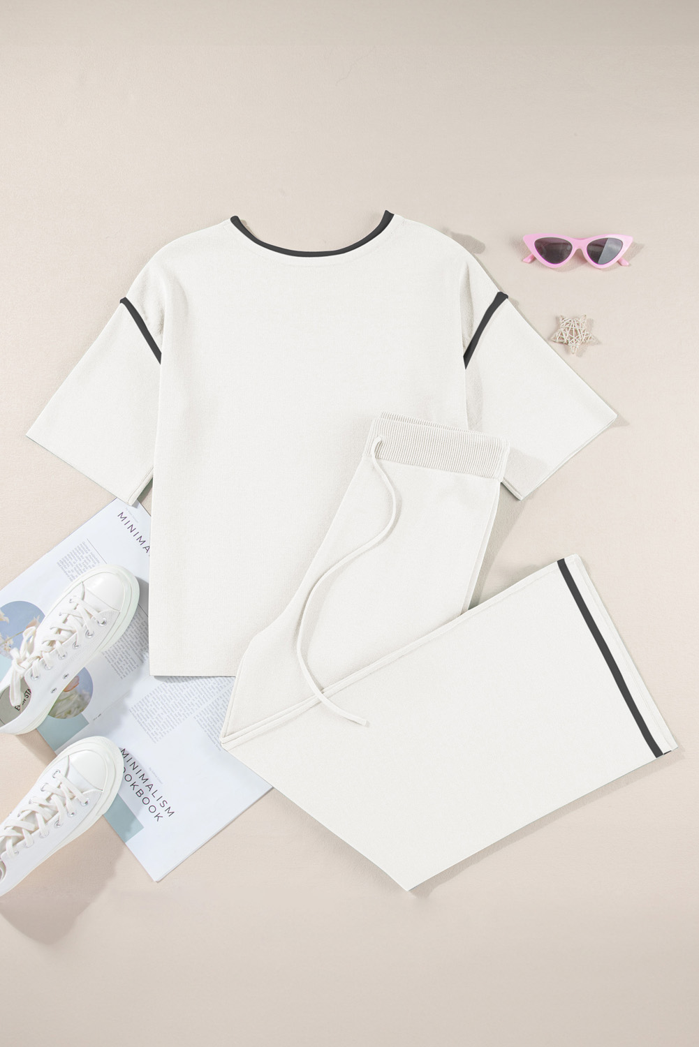 Blackish Green Contrast Trim Half Sleeve Top Drawstring Pants Loose 2pcs Sweater Suit