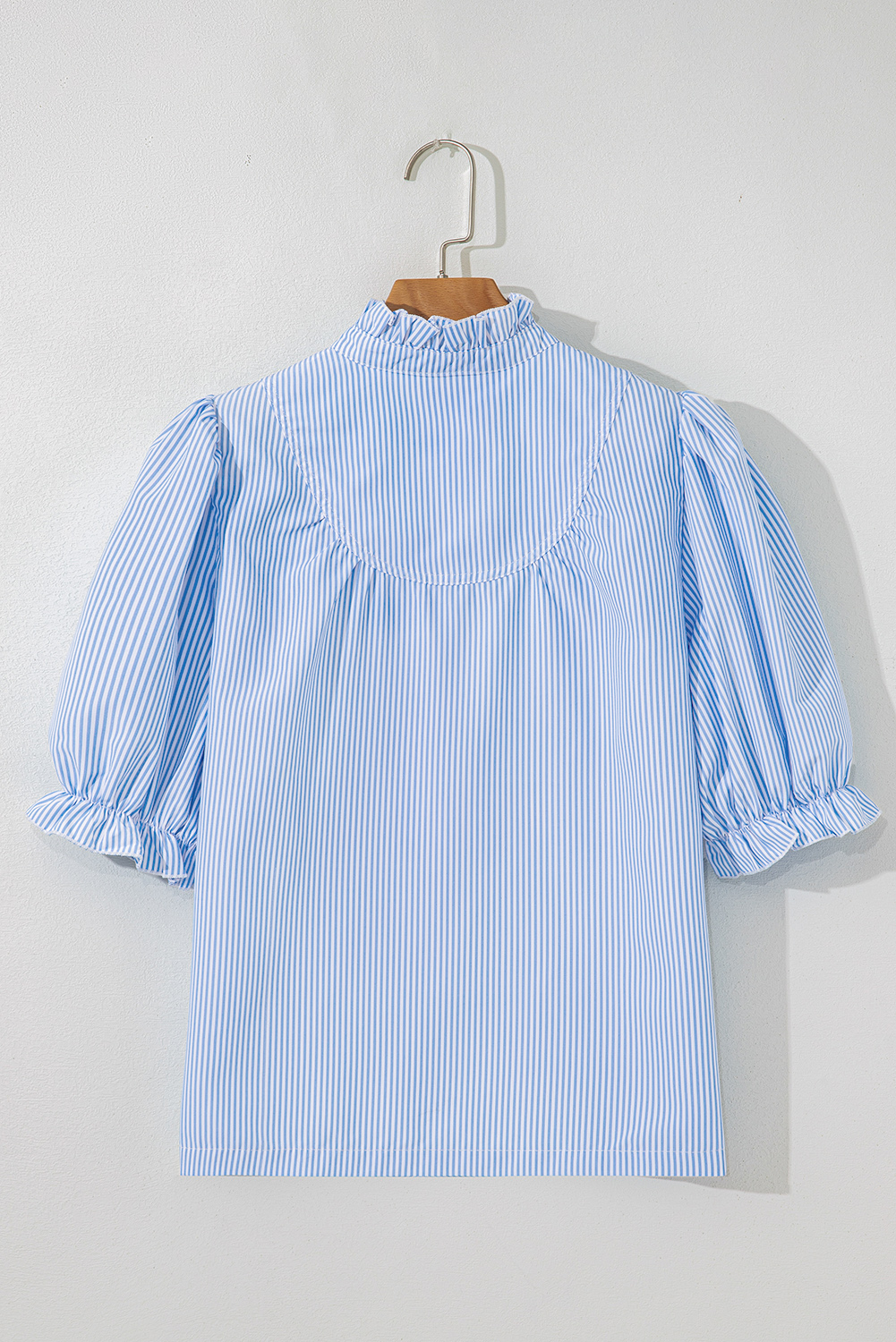 Sky Blue Stripe Ruffled Collar Puff Sleeve Half Buttons Blouse