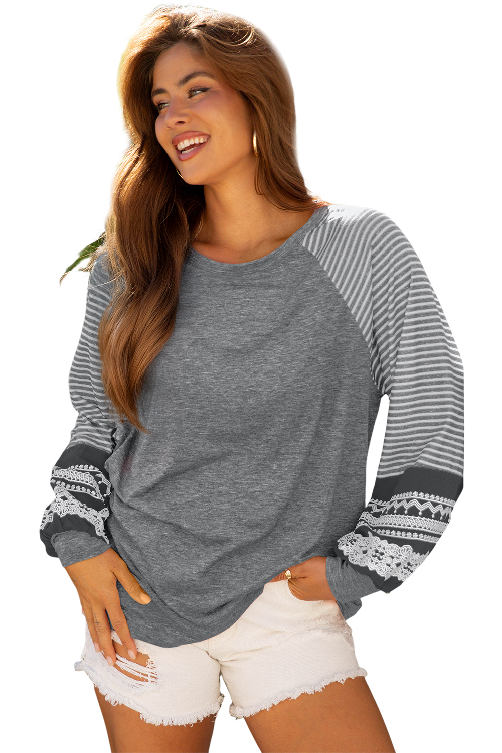 Tillandsia Purple Contrast Print Striped Raglan Long Sleeve Loose Top