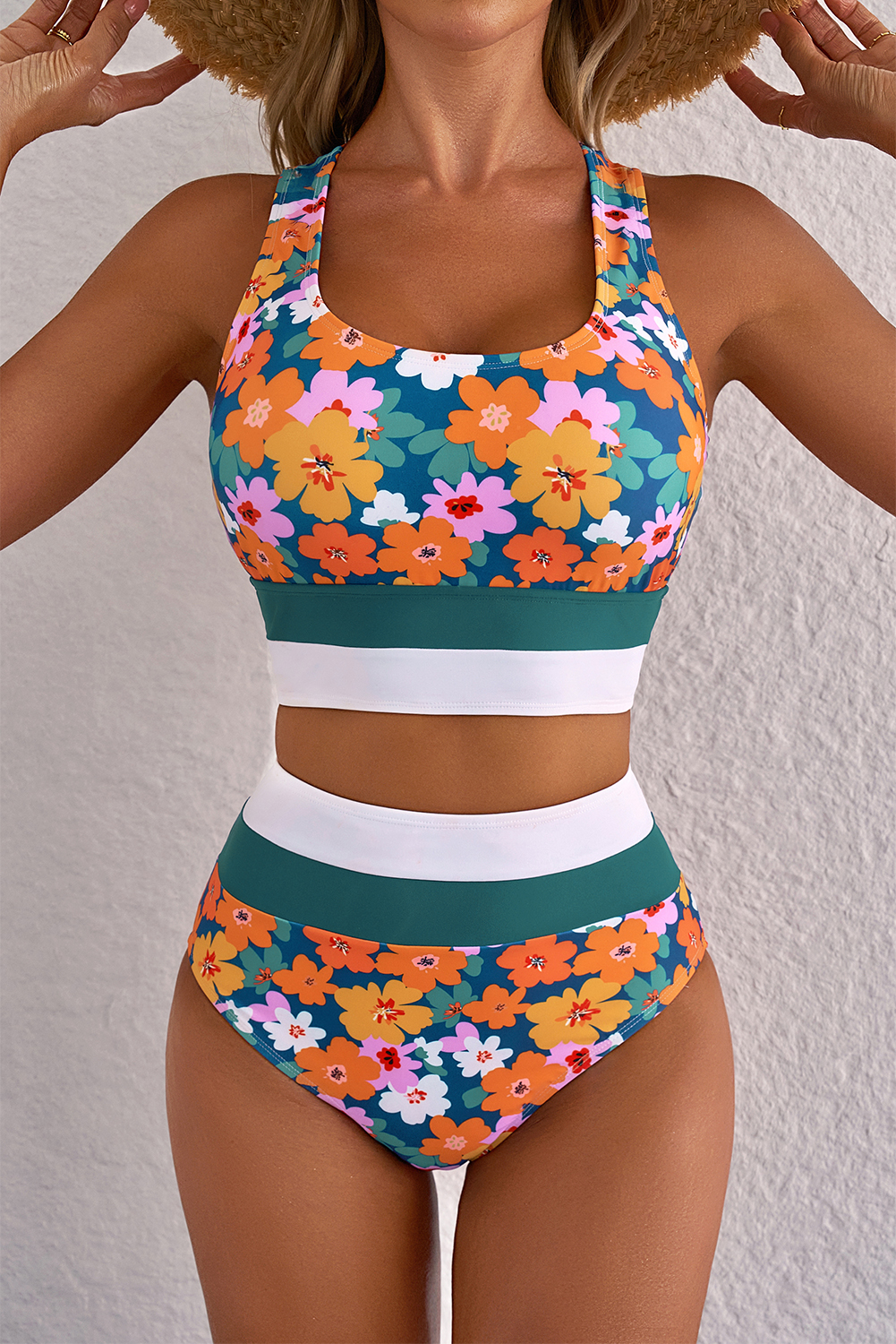Dearlove Green Floral Print Racerback Cutout High Waist 2pcs Bikini