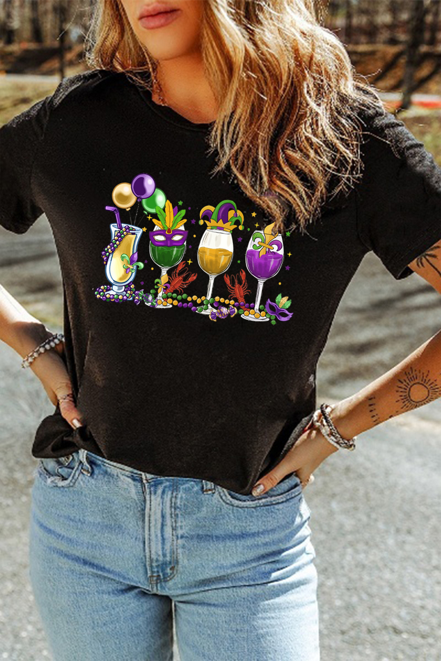 Black Cheerful Mardi Gras Drinks Crayfish Printed T Shirt