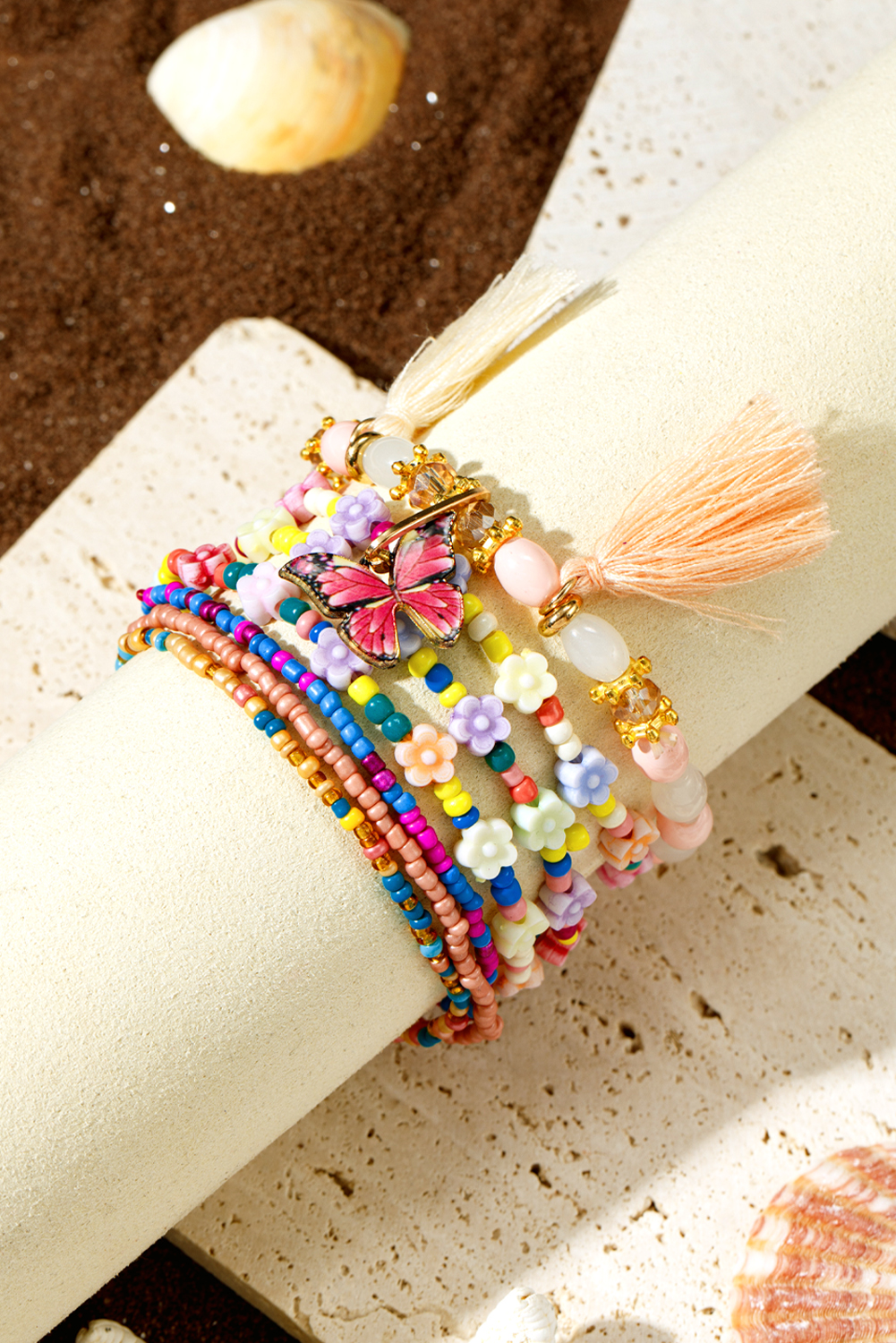 Peach Blossom 7pcs Handmade Beaded Bohemian Style Butterfly Tassel Bracelet Set