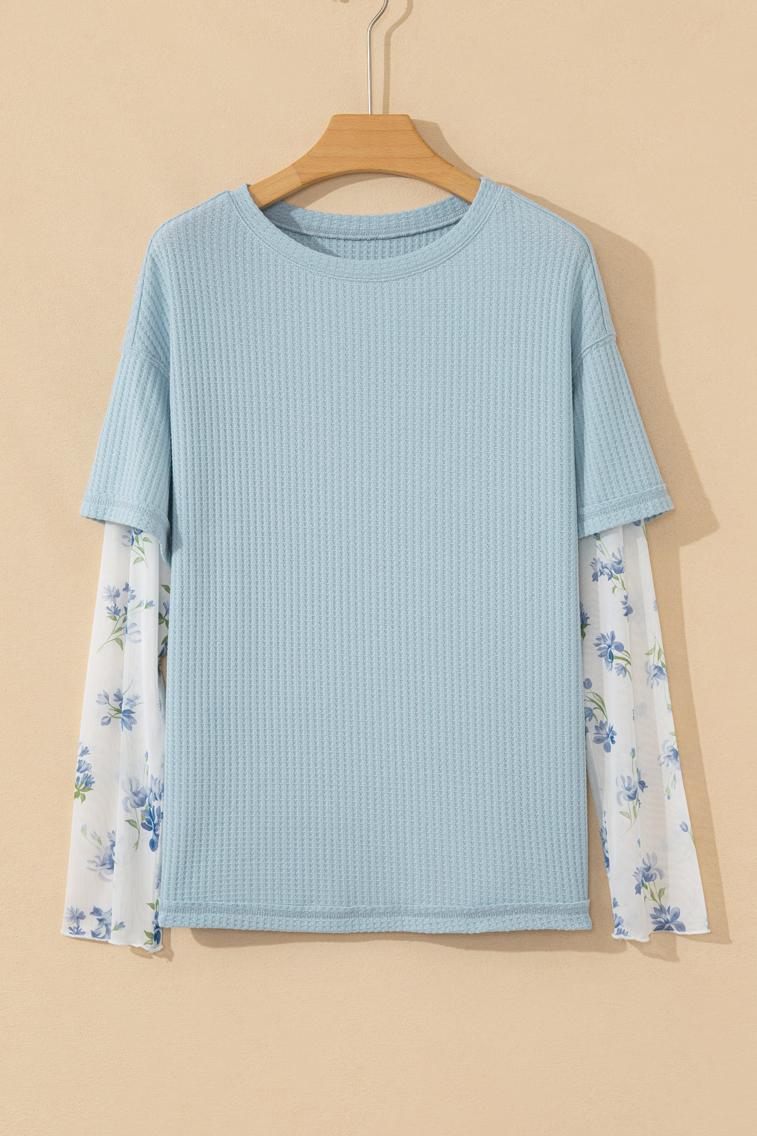 Beau Blue Floral Lace Sleeve Patchwork Waffle Fake Two-piece Top