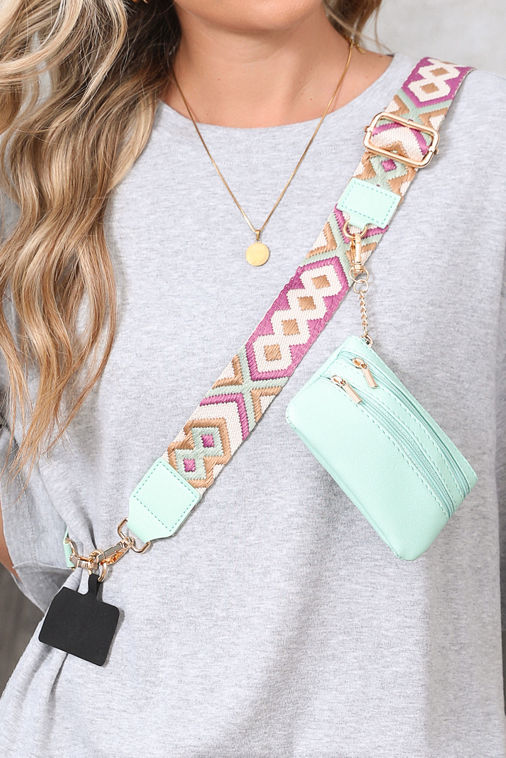 Sea Green Geometric Printed Phone Strap And Detachable Zipped Pouch