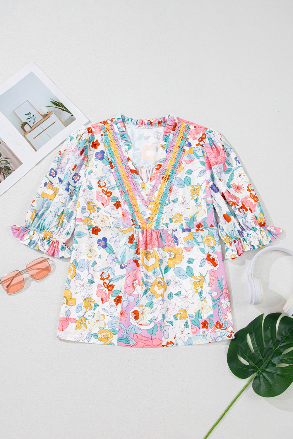 Pink Boho Flower Print Half Puff Sleeve Blouse
