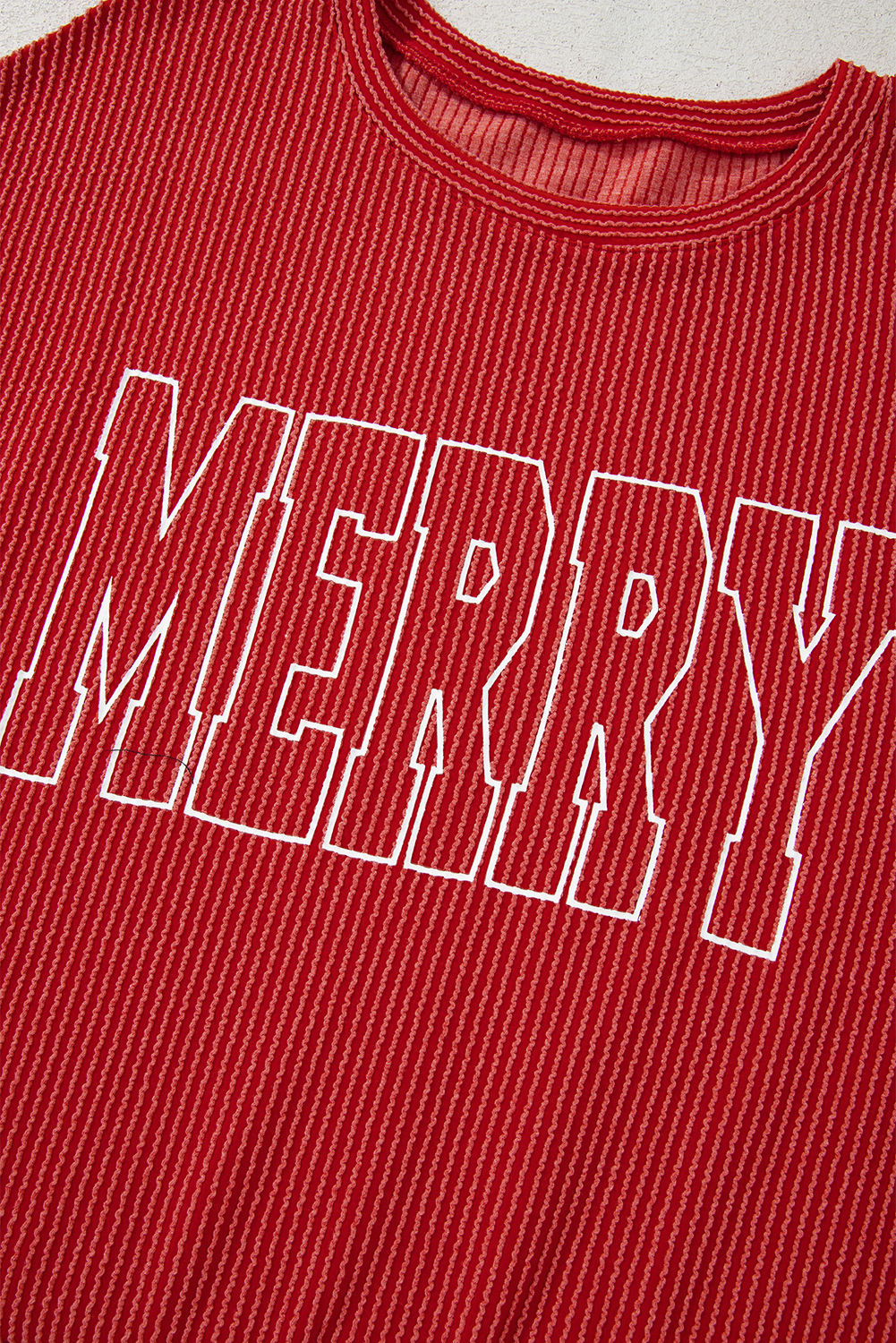 Evergreen Twisted Rib Outlined Merry Letter Graphic Loose Long Sleeve Top