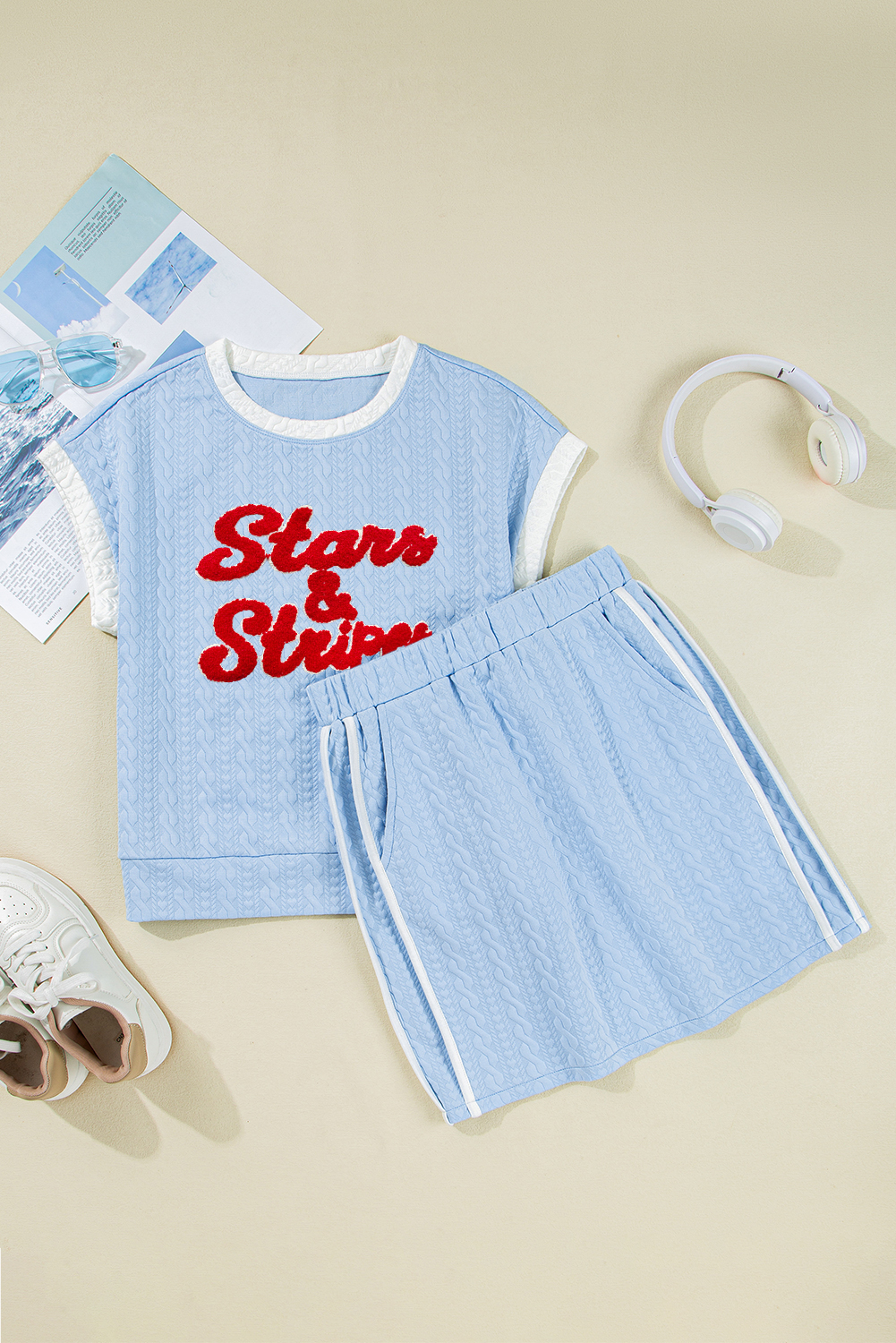 Beau Blue Stars & Stripes Graphic Textured Contrast Trim Casual Skirt Set