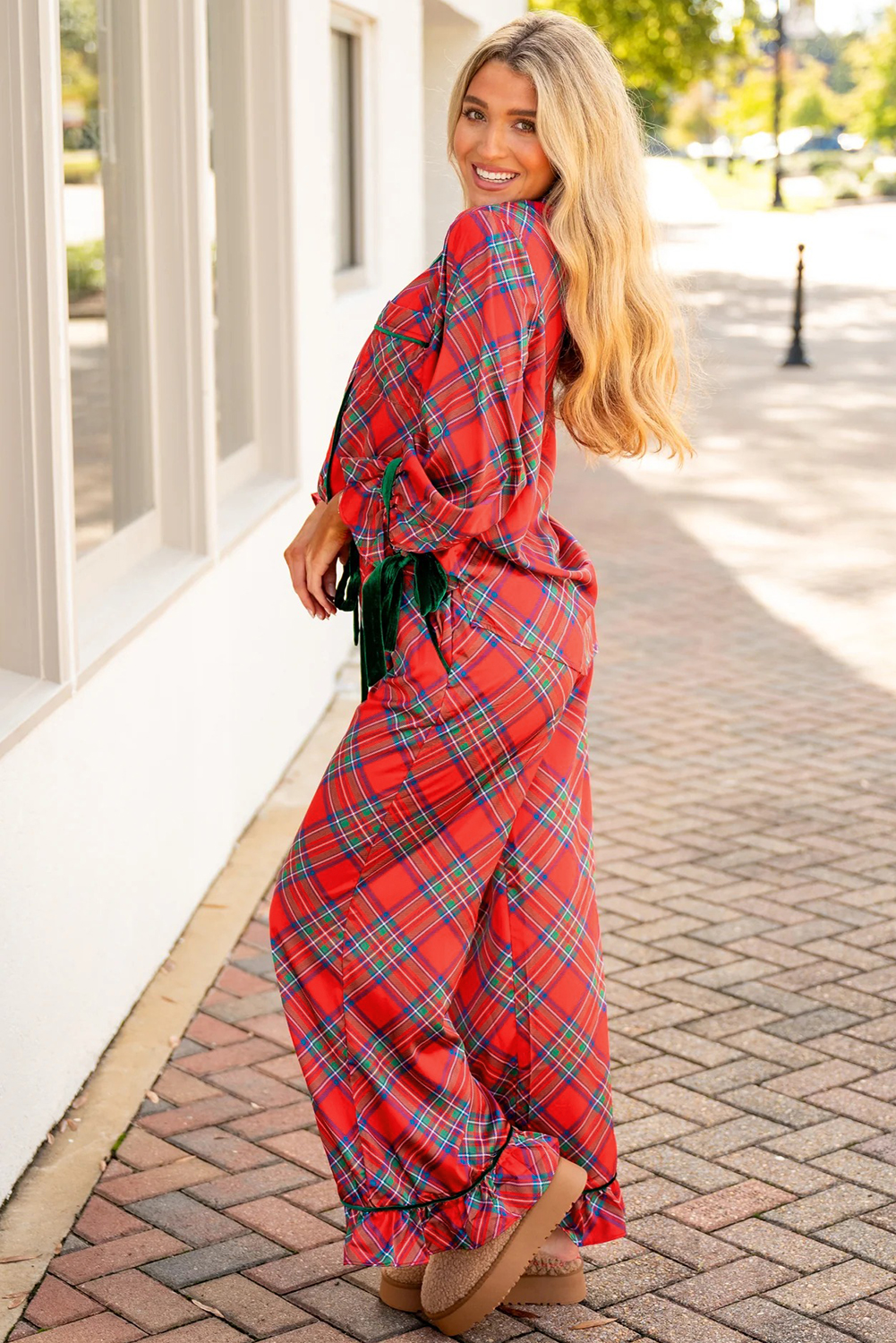 Fiery Red Christmas Plaid Satin Pajama Set with Contrast Velvet Ties