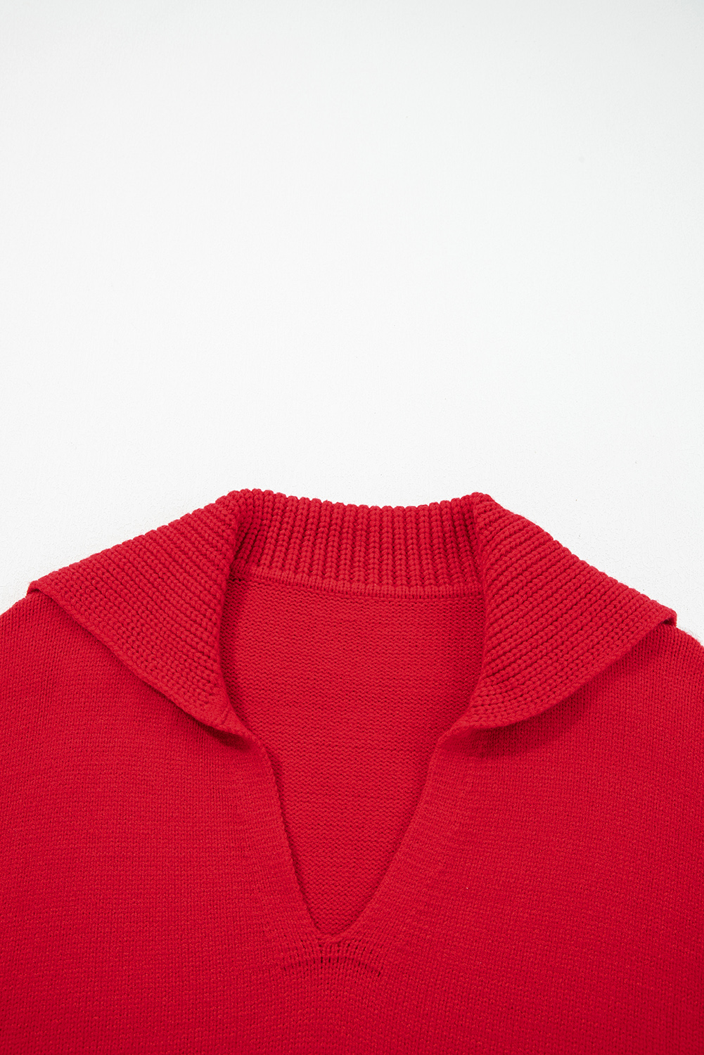 Racing Red Collared V Neck Ribbed Edge Sexy Elegant Sweater