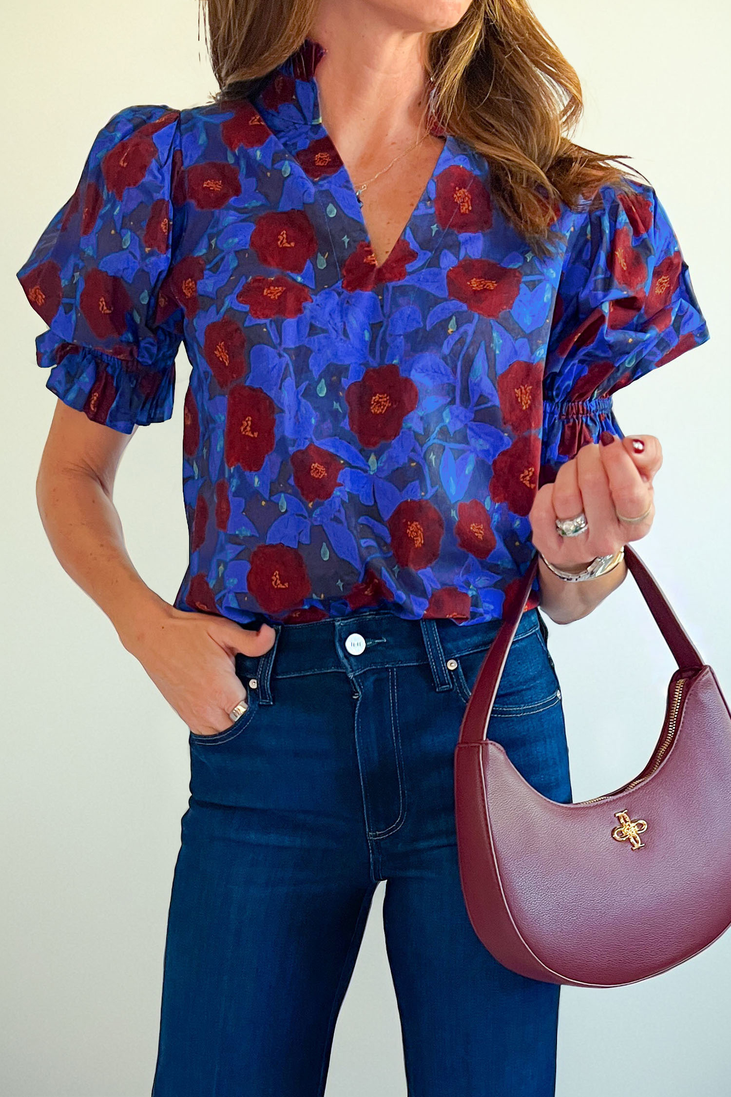 Blue Ruffled Short Balloon Sleeve Frilled V Neck Floral Blouse