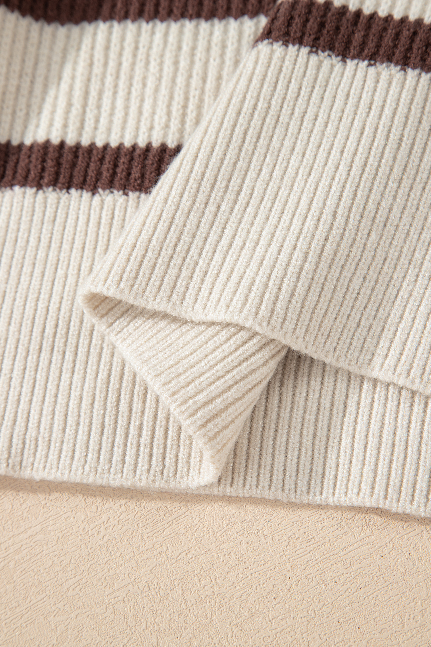 Brown Stripe Ribbed Henley Drop Shoulder Slouchy Sweater