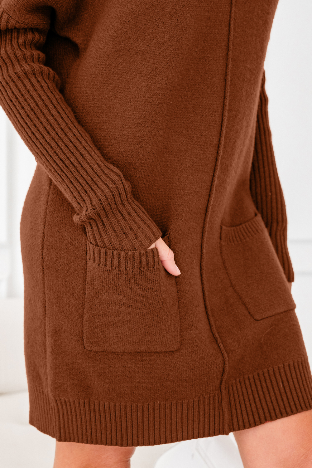 Fiery Red Ribbed High Neck Front Pockets Center Seam Shift Sweater Dress