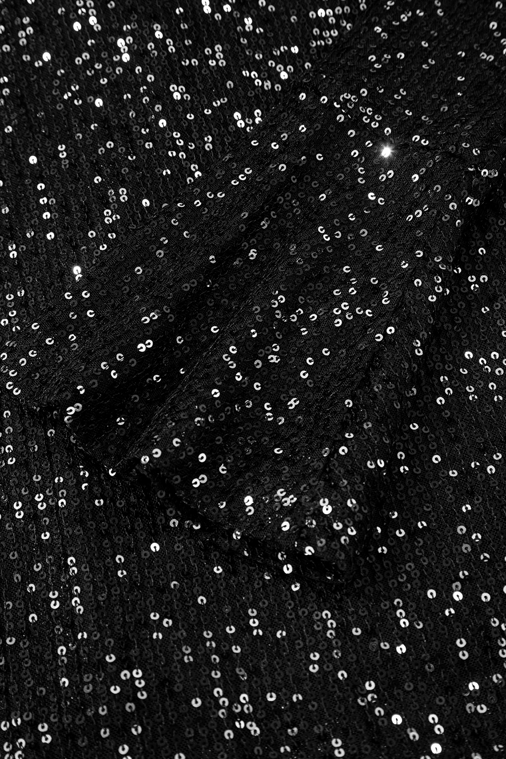 Jet Stream Sequin Mock Neck Drape Open Back Bell Sleeve Top