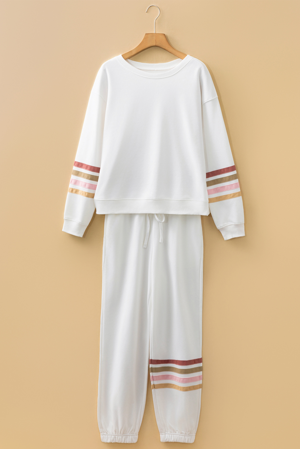 Beige Striped Drop Shoulder Round Neck Pullover and Jogger Pants Active Outfit