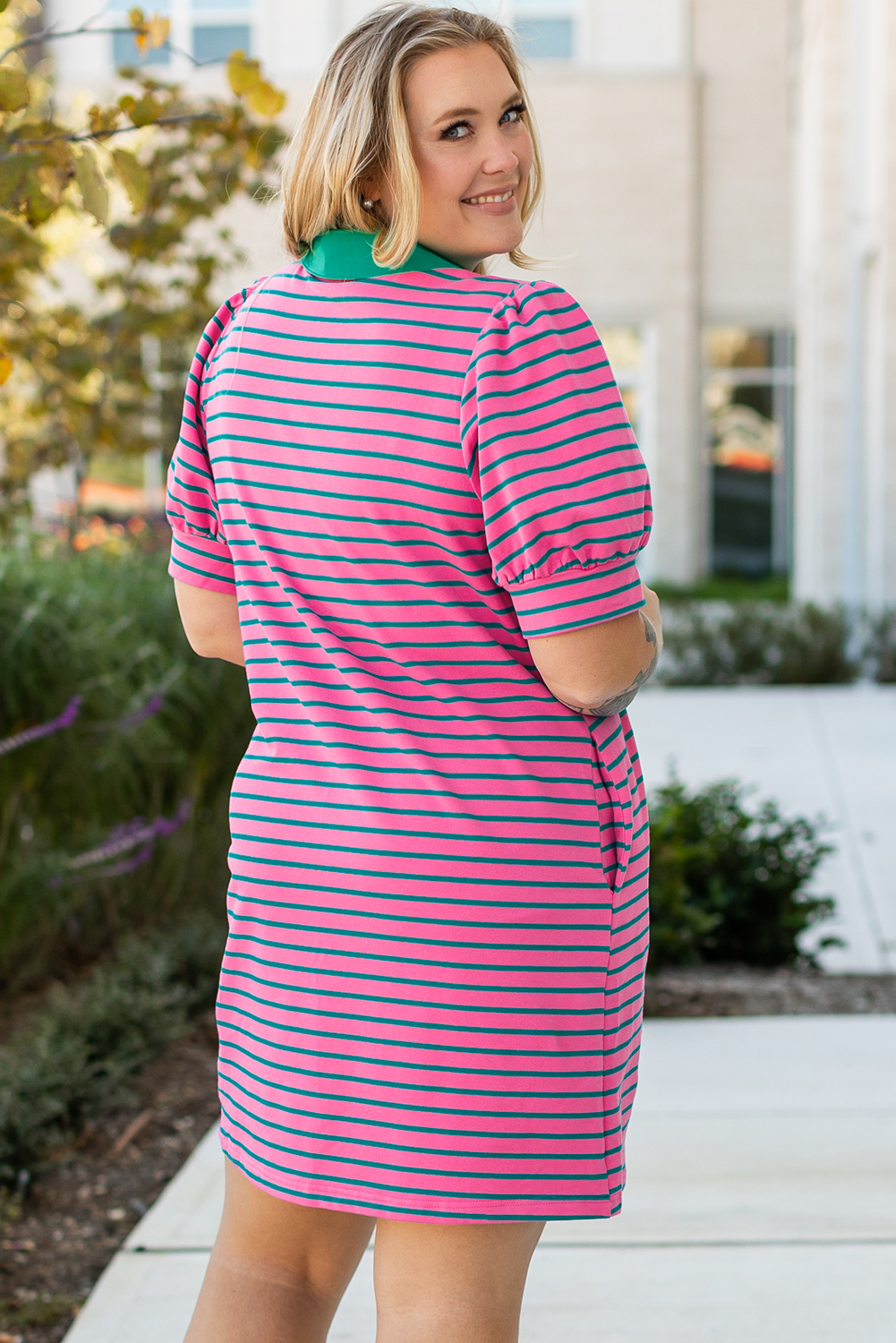 Pink Stripe Collared V Neck Puff Sleeve T Shirt Dress