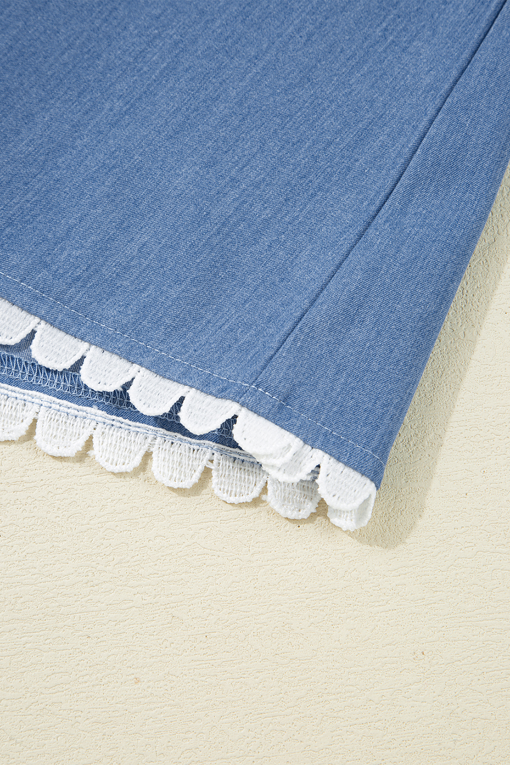 Dusk Blue Lace Ric Rac 3/4 Puff Sleeve Collared Babydoll Blouse