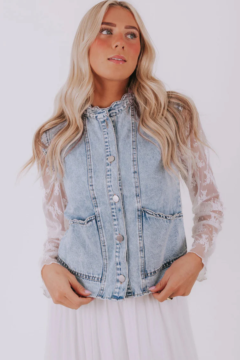 Beau Blue Scalloped Trim Patch Pocket Button Front Denim Vest