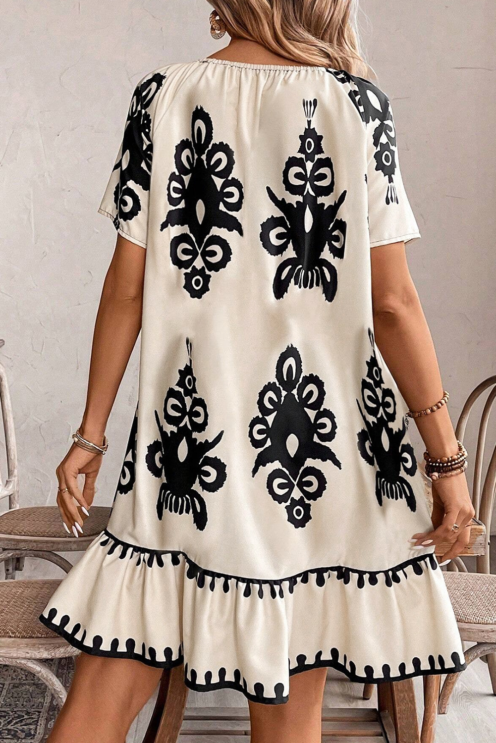 Beige Geometric Printed Sleeveless Hollowed Bowknot Back Mini Dress