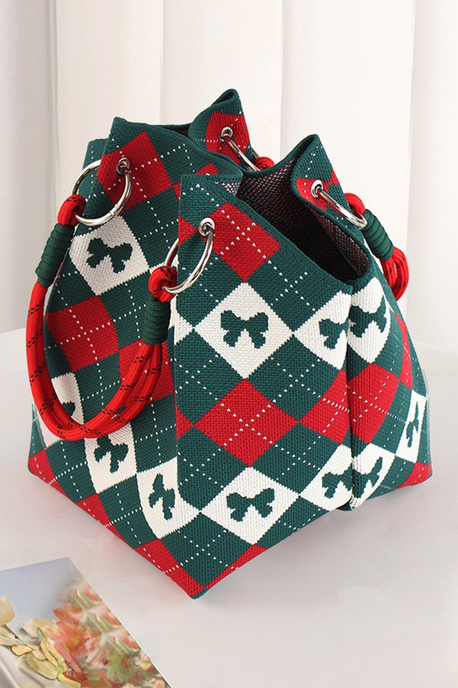 Fiery Red Retro Argyle Bow Printed Fashion Knit Bucket Bag
