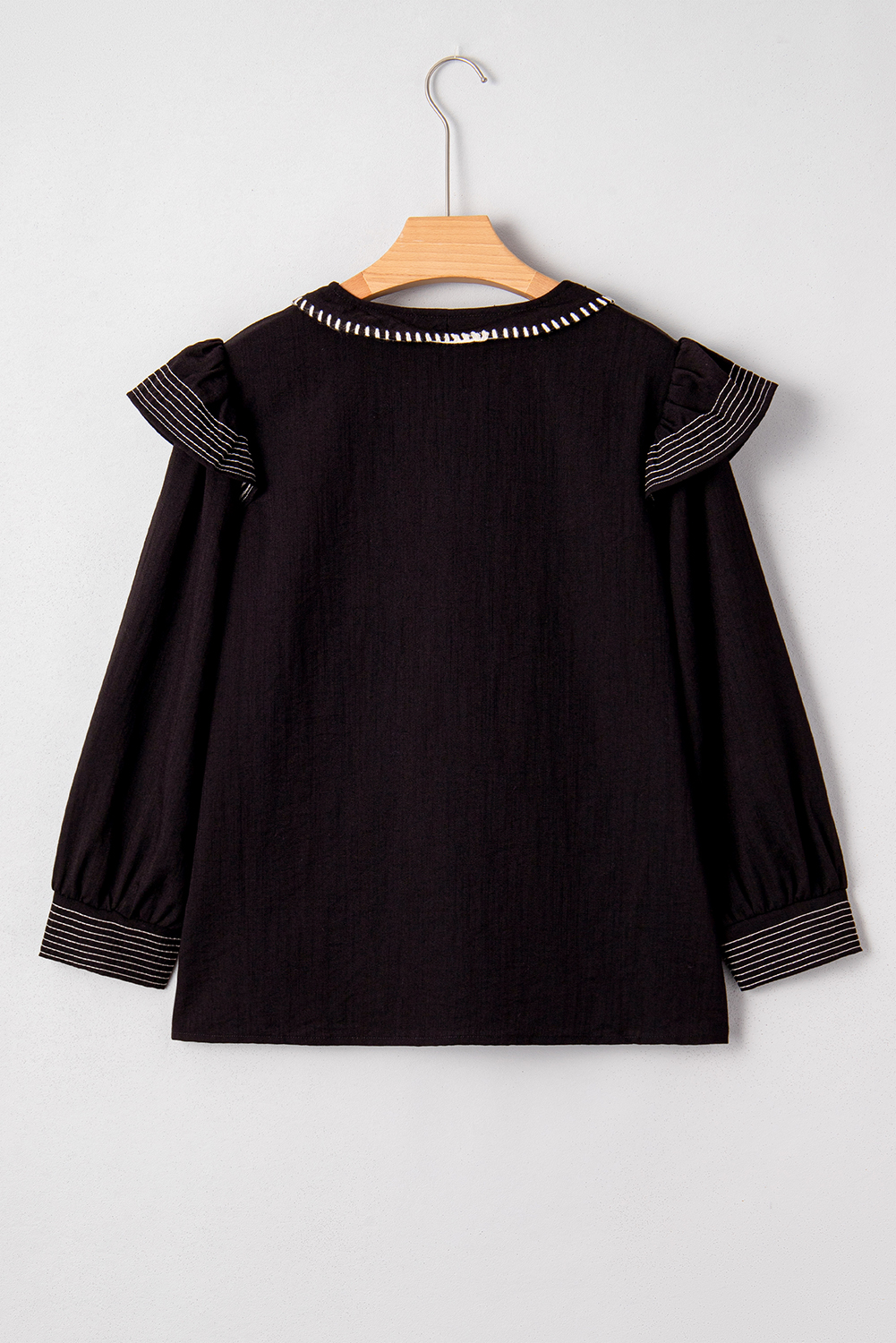 Black Contrast Stitched Detail V Neck Ruffle Long Sleeve Blouse