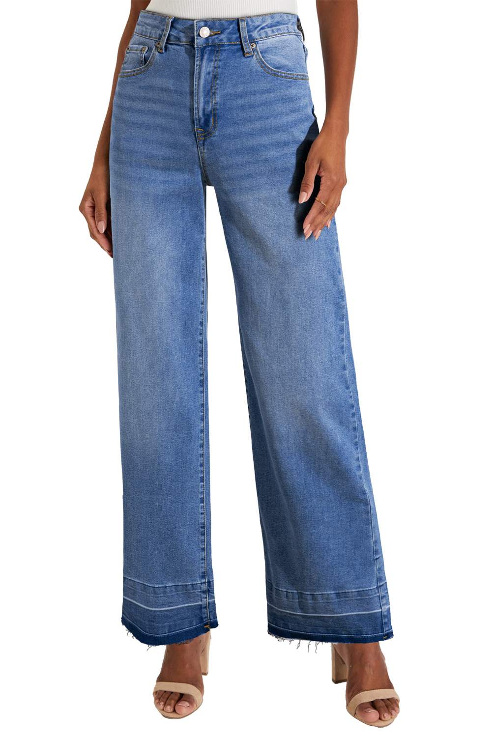 Real Teal Raw Hem Unique Cuffs Straight High Rise Loose Jeans