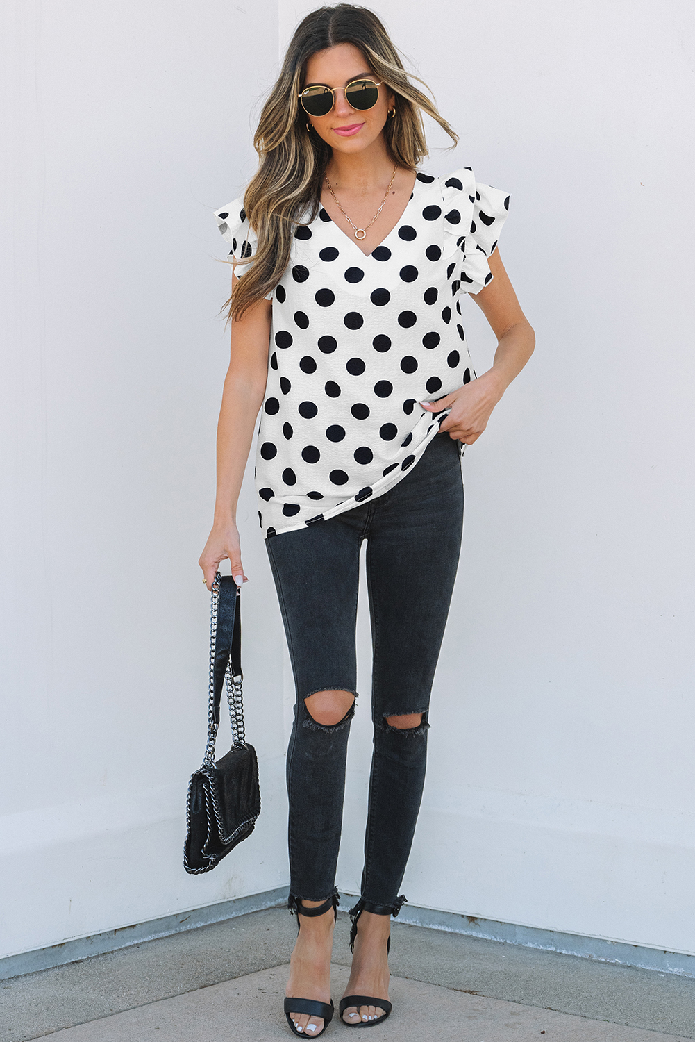 Black Polka Dot Print Ruffled Sleeve V Neck Blouse