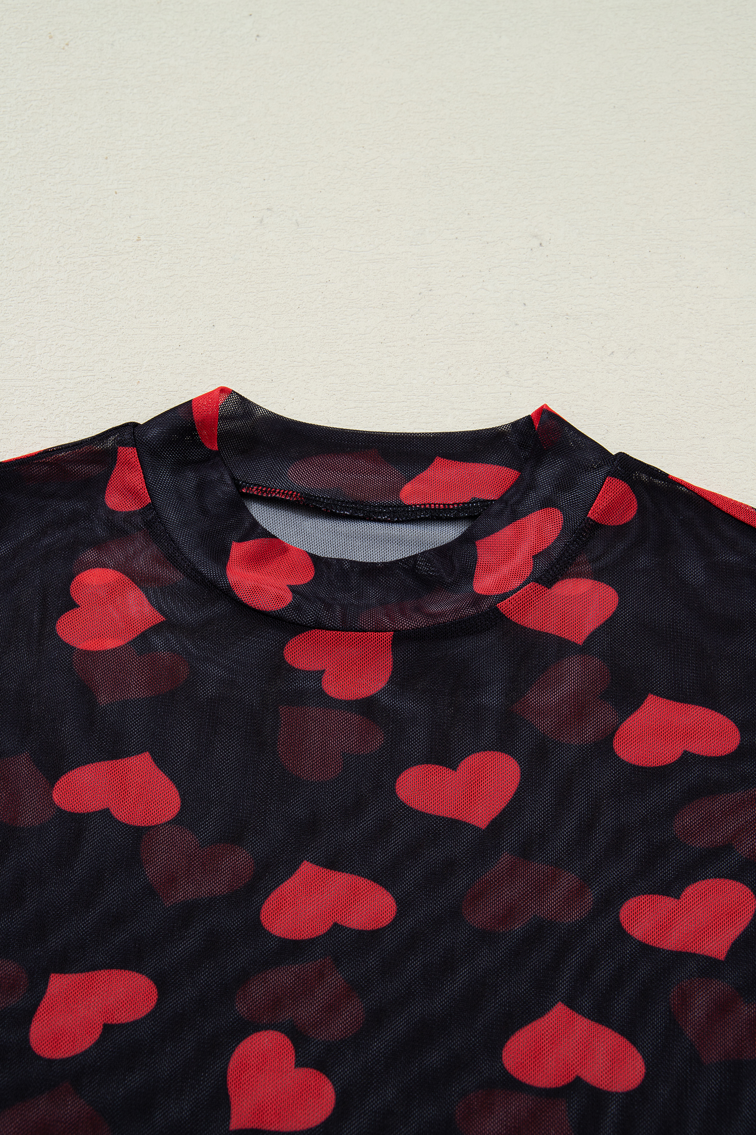 Black Valentines Heart Printed Sheer Mesh Long Sleeve Top