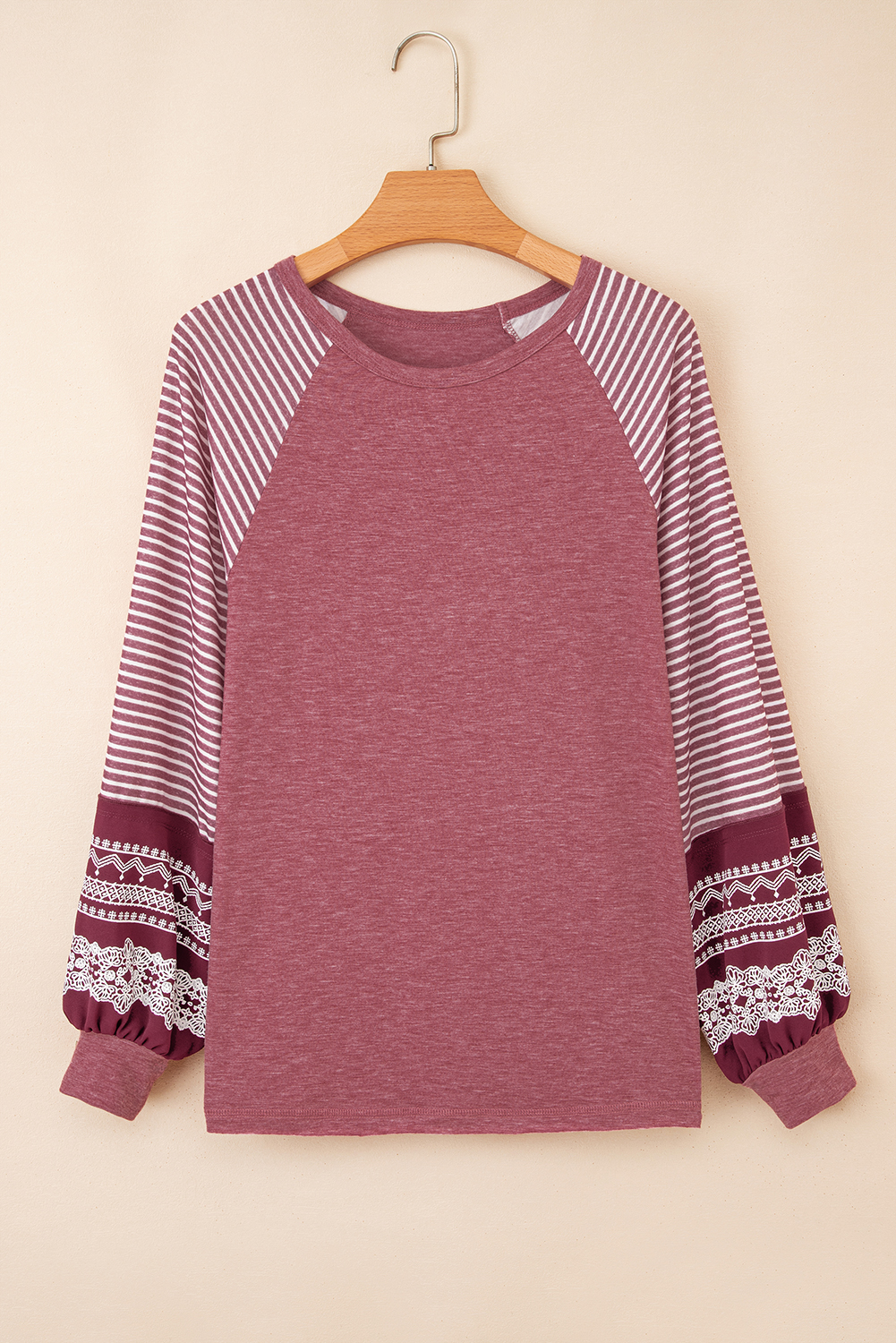Tillandsia Purple Contrast Print Striped Raglan Long Sleeve Loose Top