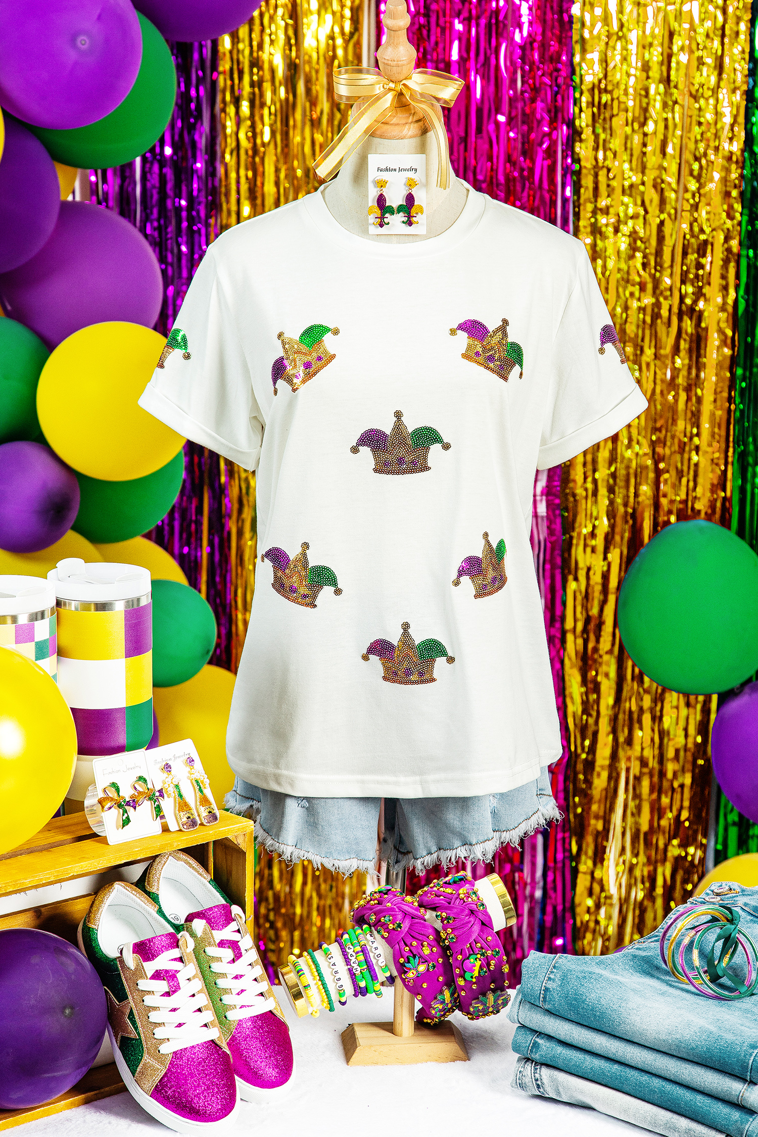 White Mardi Gras Sequin Crown Womens Casual T Shirt