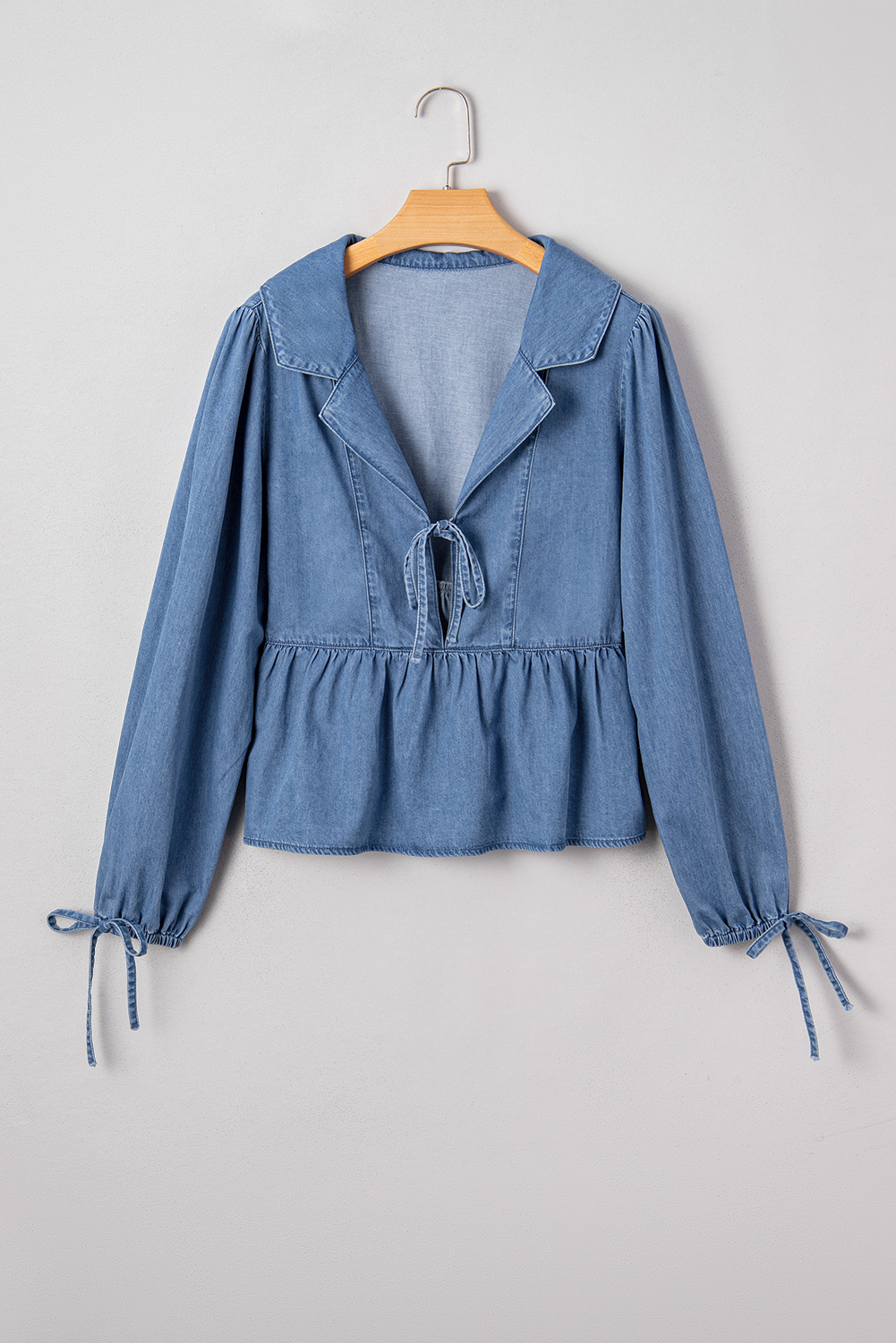 Dusk Blue Denim Lapel Neck Balloon Sleeve Tied Peplum Top