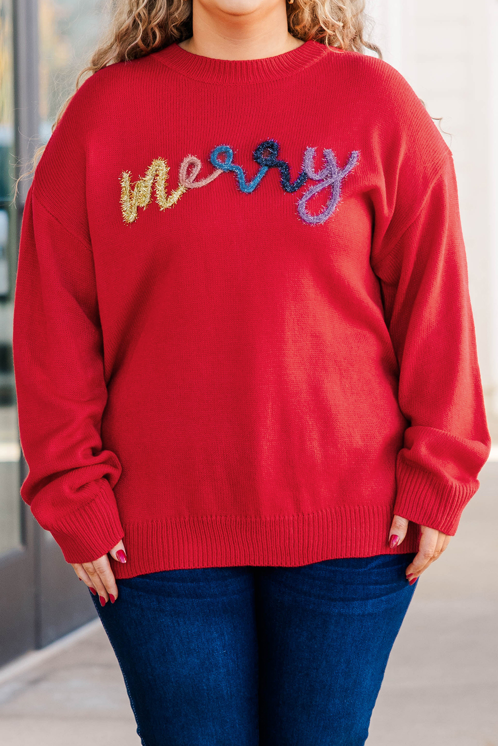 Fiery Red Tinsel Merry Letter Drop Shoulder Baggy Sweater
