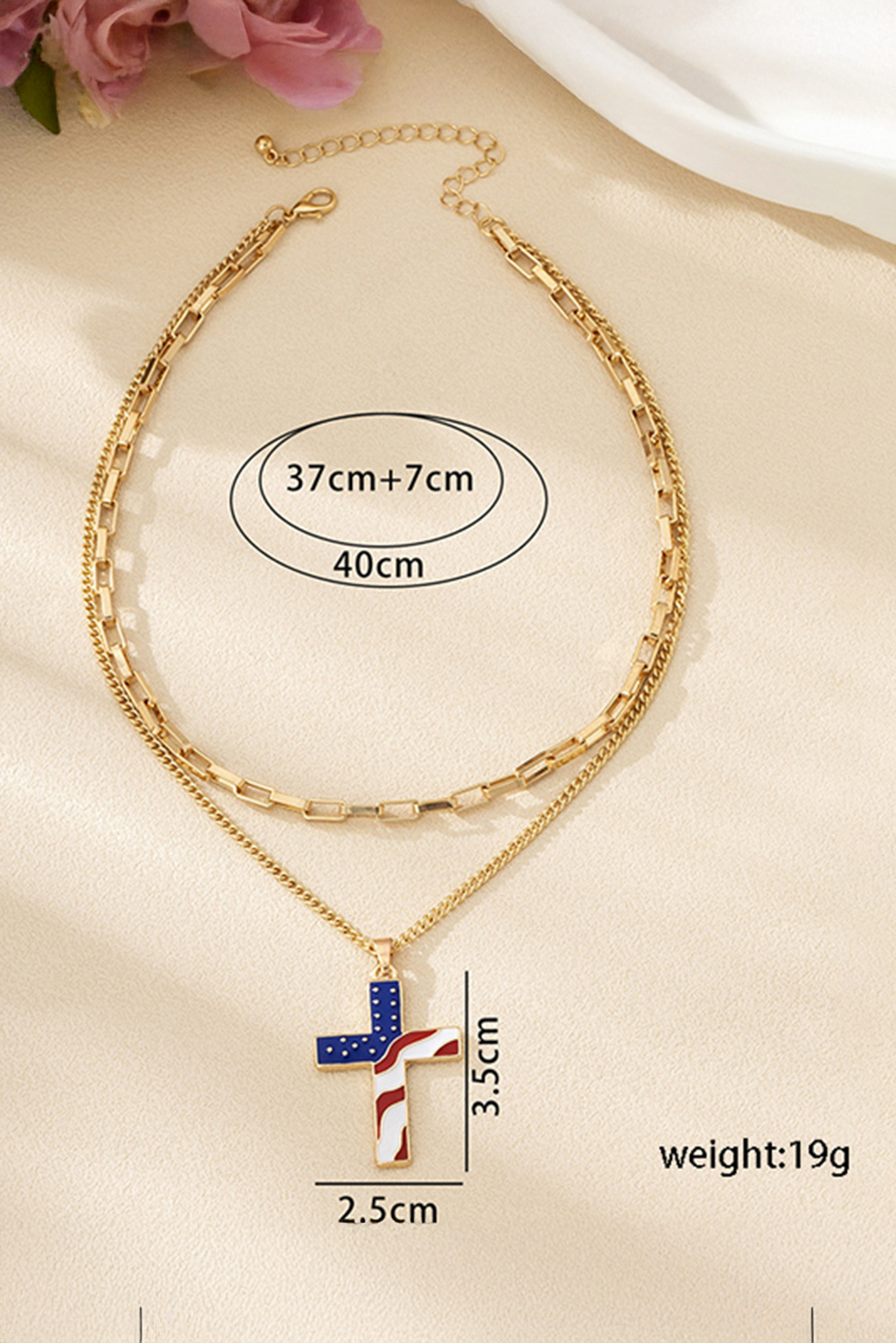 Gold Plated Double Chain Stars and Stripes Cross Pendent Necklace