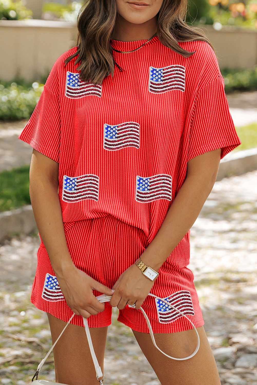 Orange Sequined American Flag Twisted Rib Texture 2pcs Short Set