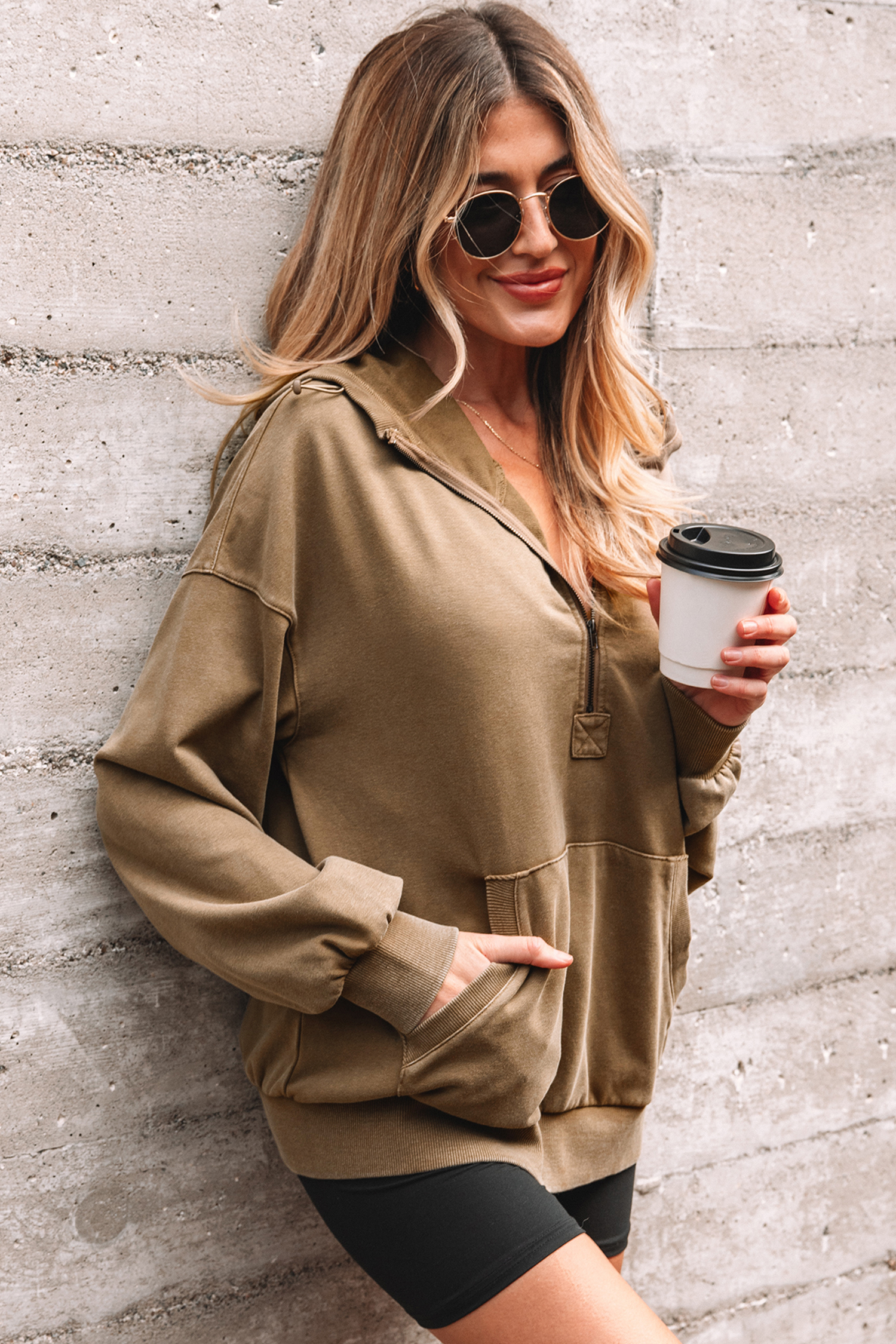 Canton Half Zip Kangaroo Pocket Mineral Wash Baggy Hoodie