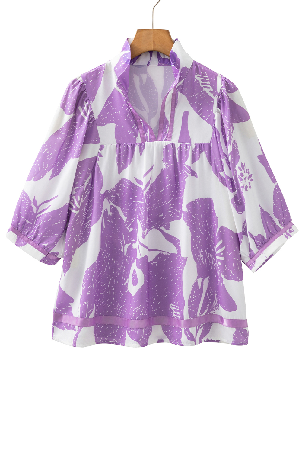 Purple Leafy Print 3/4 Sleeve Striped Trim Split Neck Blouse