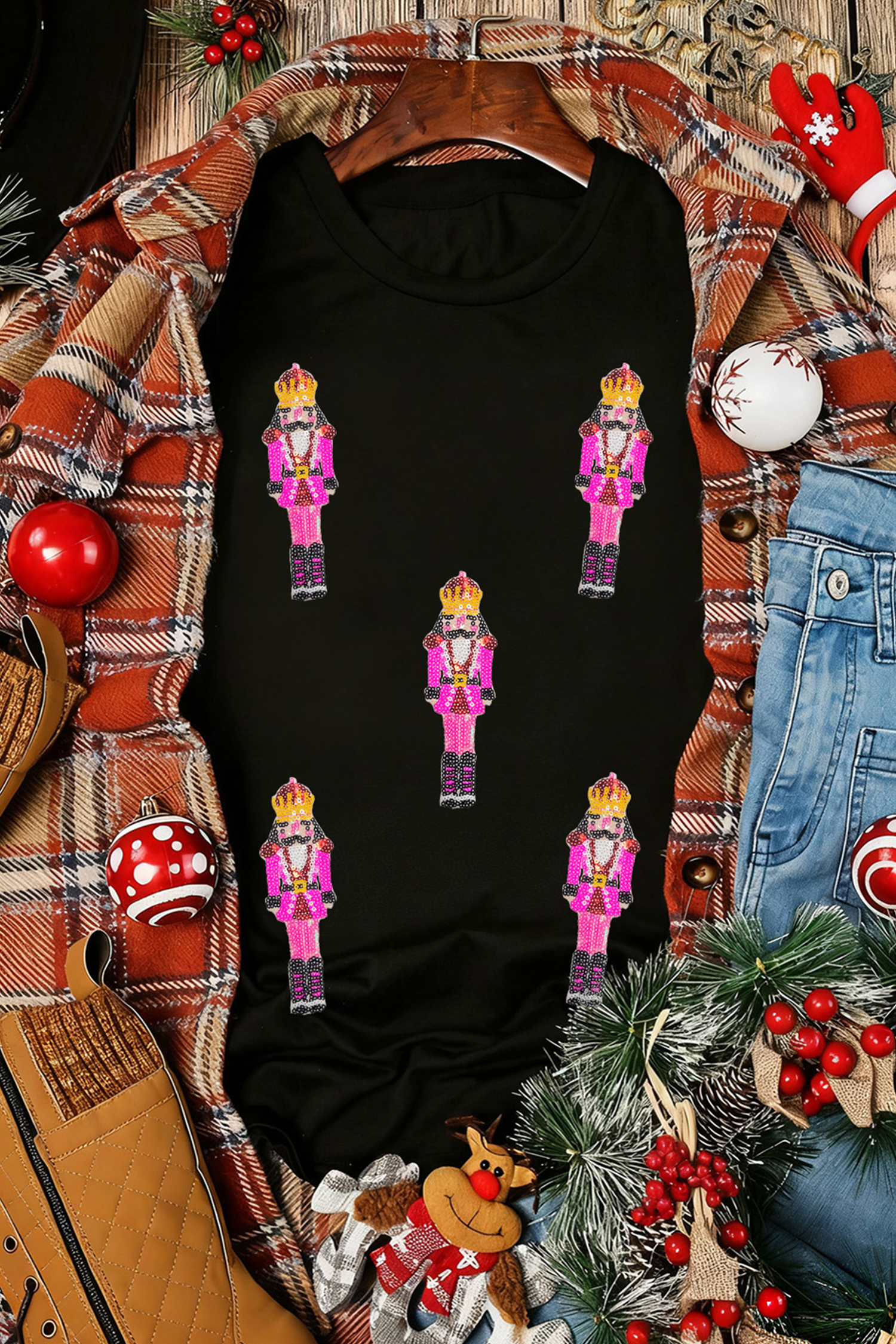 Black Sequin Patched Christmas Nutcracker Casual T Shirt