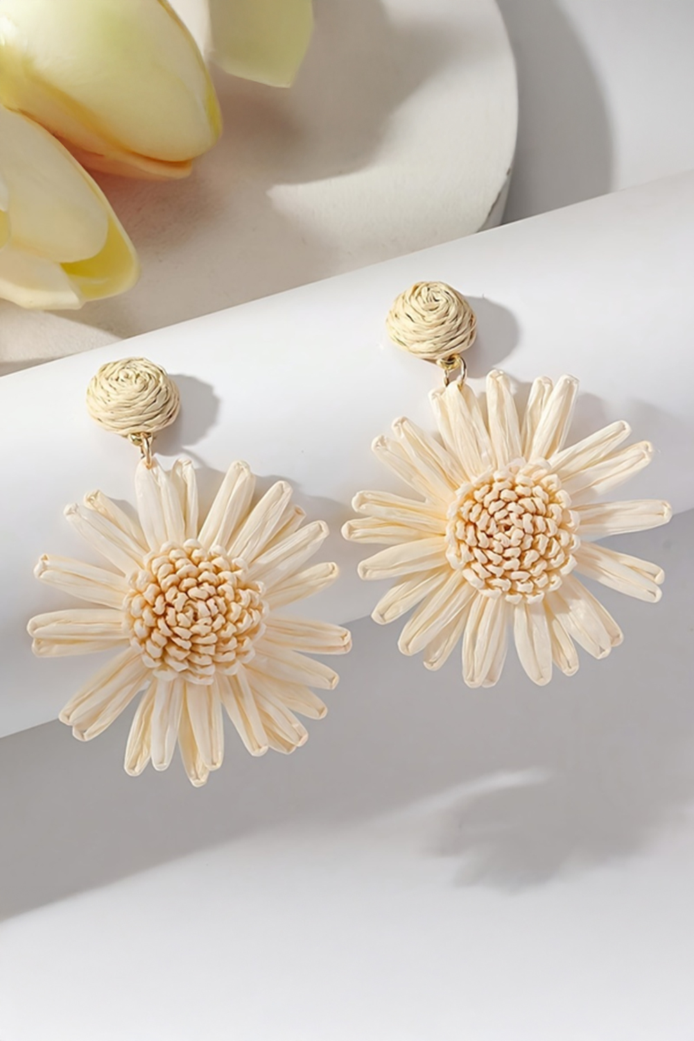 White Boho Raffia Crochet Sunflower Dangle Earrings
