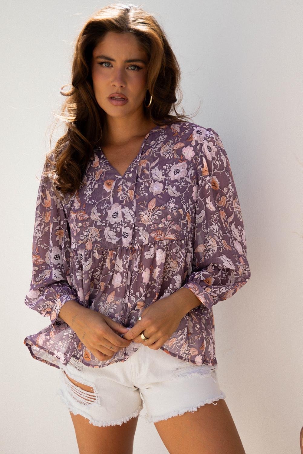 Blue Boho Flower Print 3/4 Sleeve Babydoll Blouse