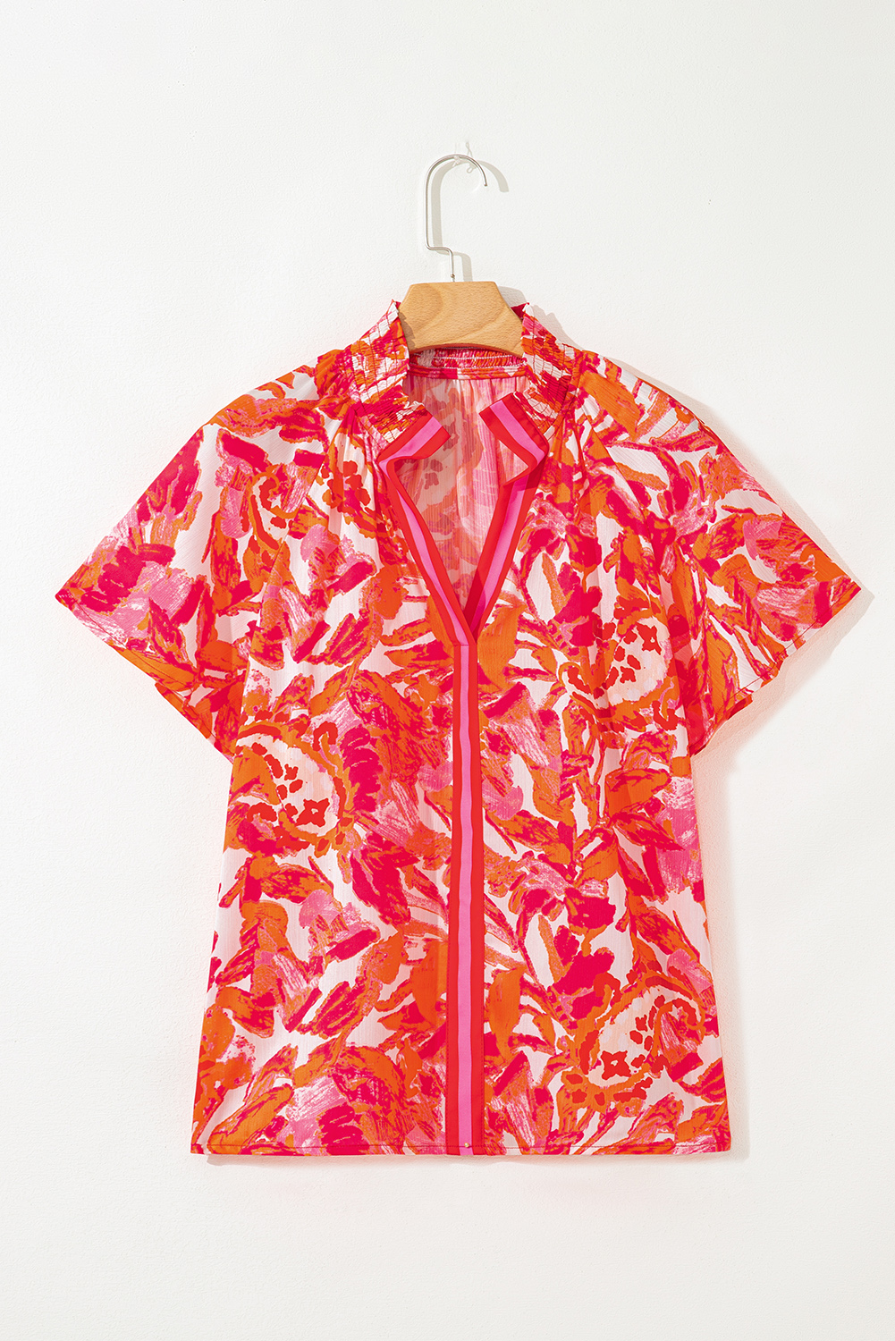 Rose Abstract Print Striped Trim Split Neck Blouse